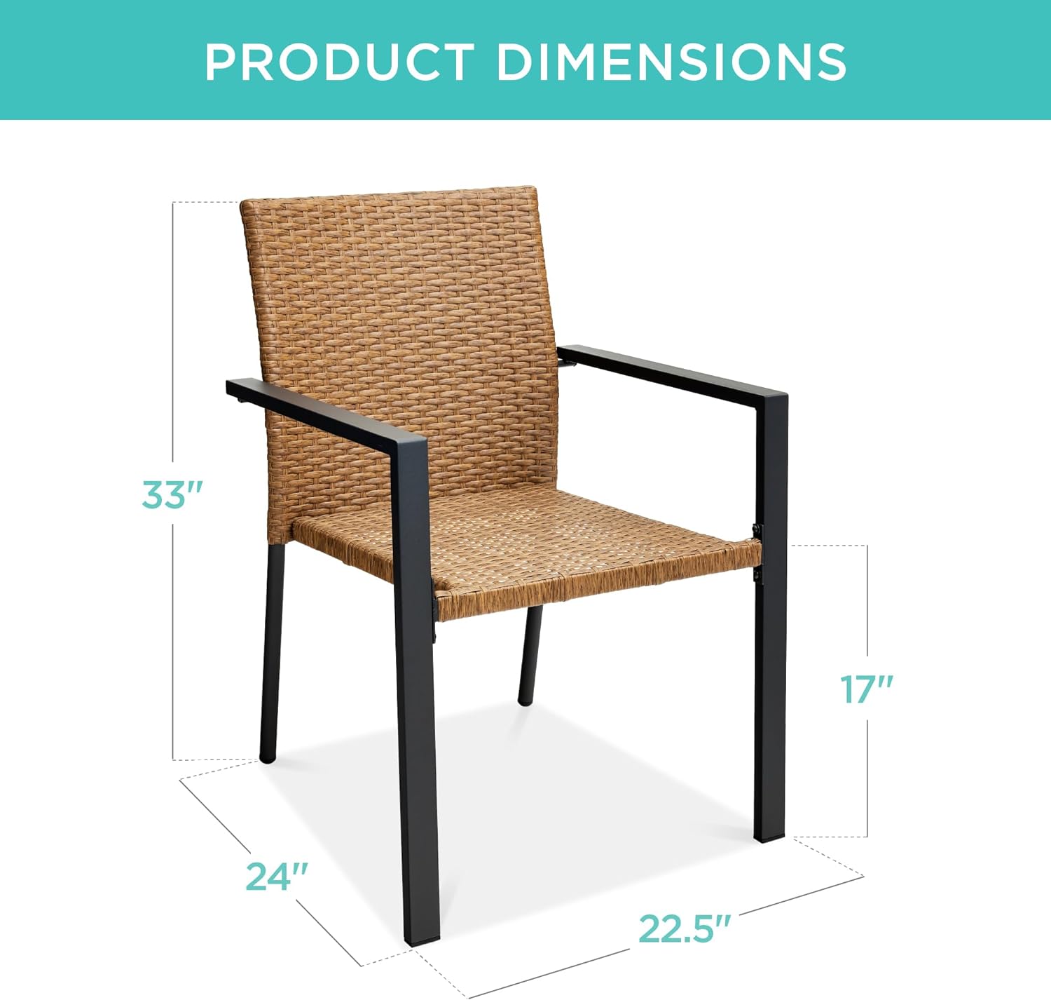 Set of 2 Stackable Outdoor Wicker Dining Chairs All-Weather Firepit Armchair w/Armrests, Steel Frame for Patio, Deck, Garden, Yard - Natural