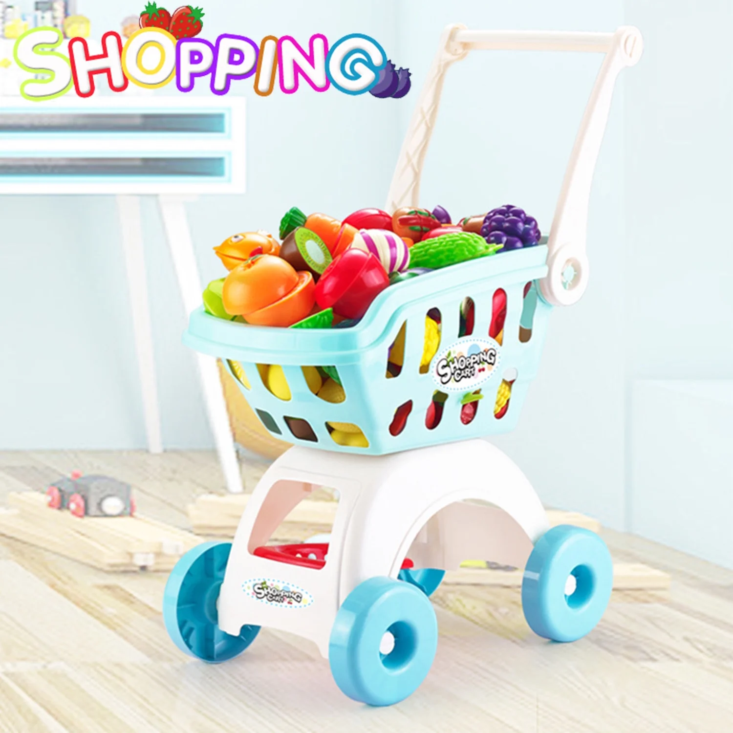 NimJoy Kids Big Toy Shopping Cart W/Cutting Foods ABS Toy for Boys 3-6 Years Girls, Pretend Play Shopping Grocery Play Set Gifts to Toddlers, 20Pcs Clear Blue