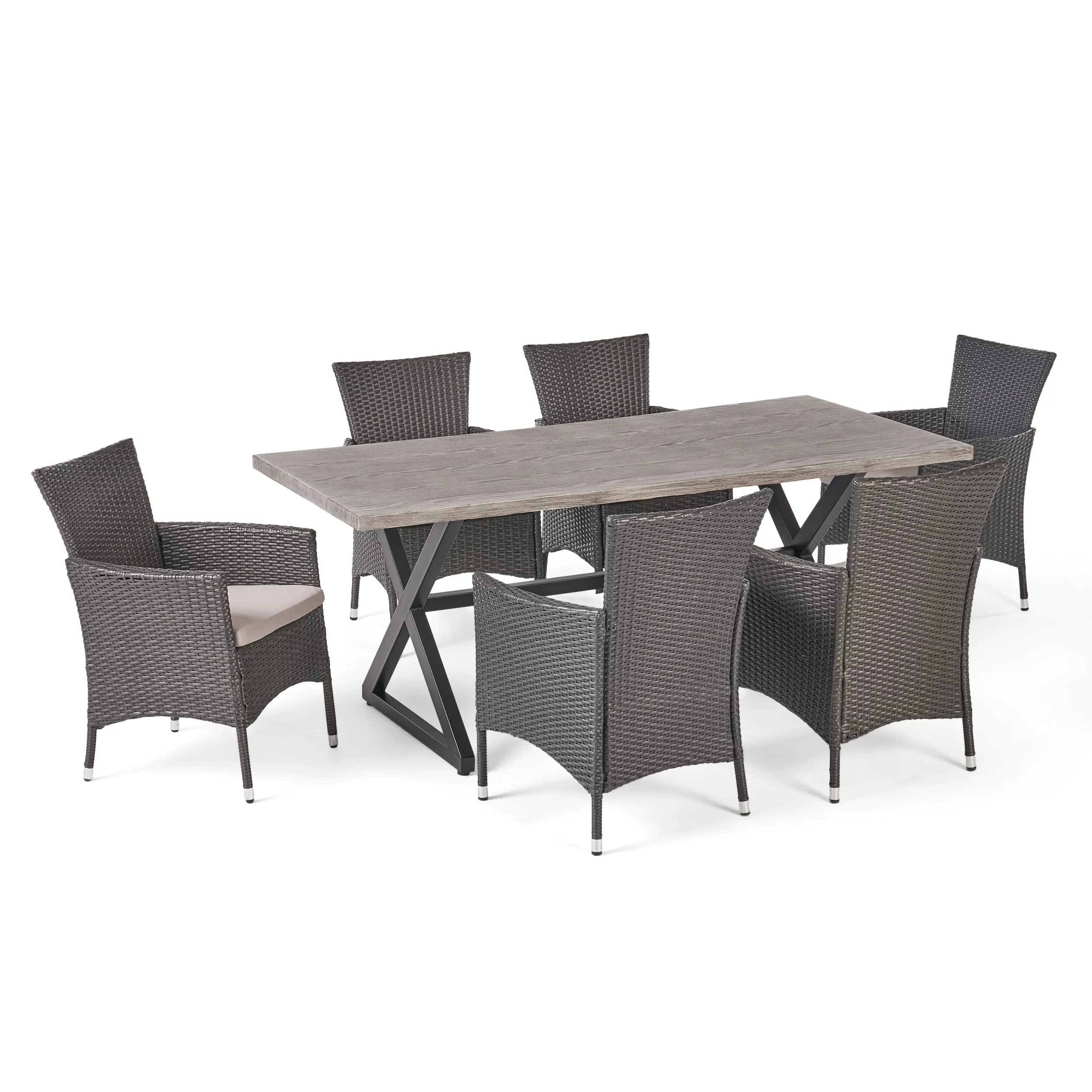 Damian Outdoor 7 Piece Aluminum Dining Set with Wicker Dining Chairs with Cushions,Silver,Grey