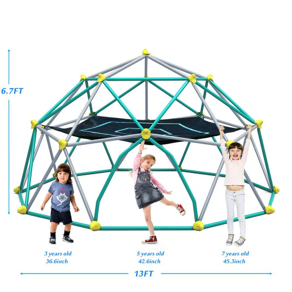 ACETEK 13FTx6.7FT,Supporting 1000 LBS,Geometric Dome Climber Play Center, Kids Climbing Dome Tower with Hammock, Rust & UV Resistant Steel,Green + Grey