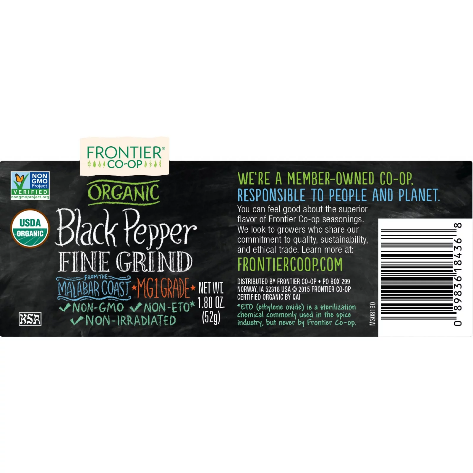 Frontier Fine Ground Black Pepper, Certified Organic, 1.8 Oz