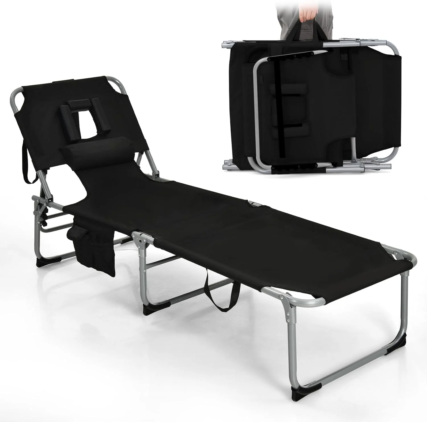 Goplus Tanning Chair, Folding Adjustable Patio Lounge Chair with Face Hole, Removable Pillow, 330LBS, Carry Strap, Outdoor Sunbathing Chair, Lightweight Portable Beach Lounge Chair (1, Black)