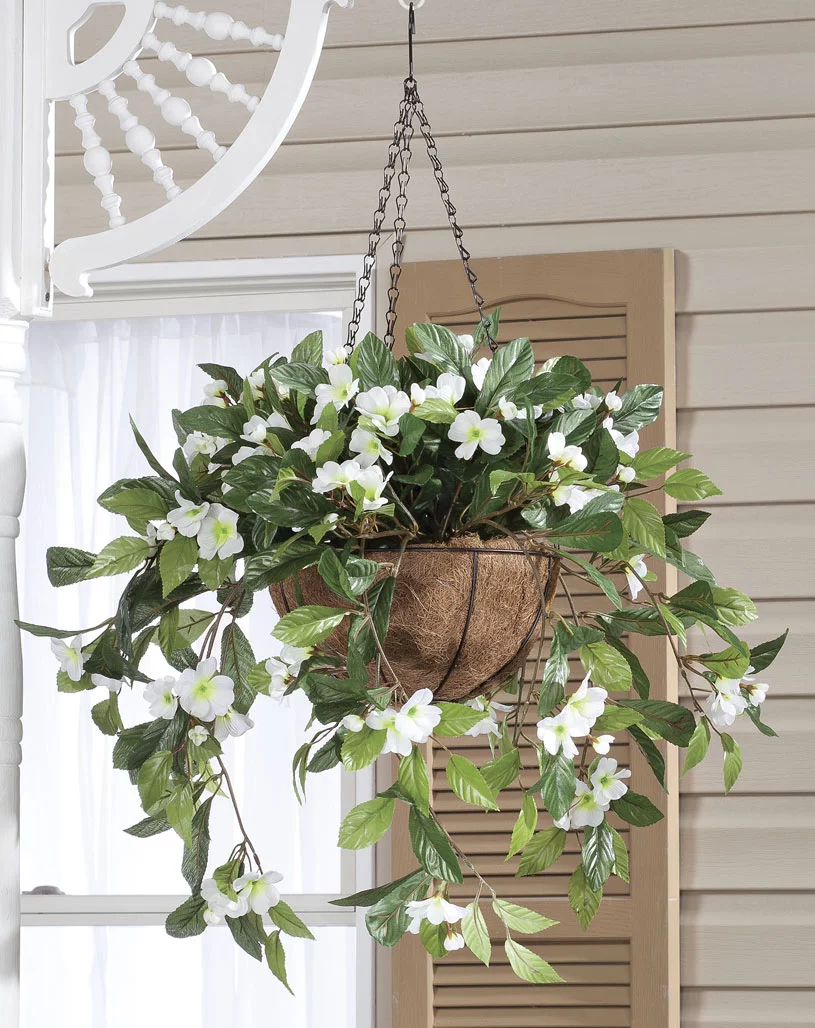 OakRidge Miles Kimball Fully Assembled Artificial Impatiens Hanging Basket, 10” Diameter and 18” Chain – White Polyester/Plastic Flowers in Metal and Coco Fiber Liner Basket for Indoor/Outdoor Use