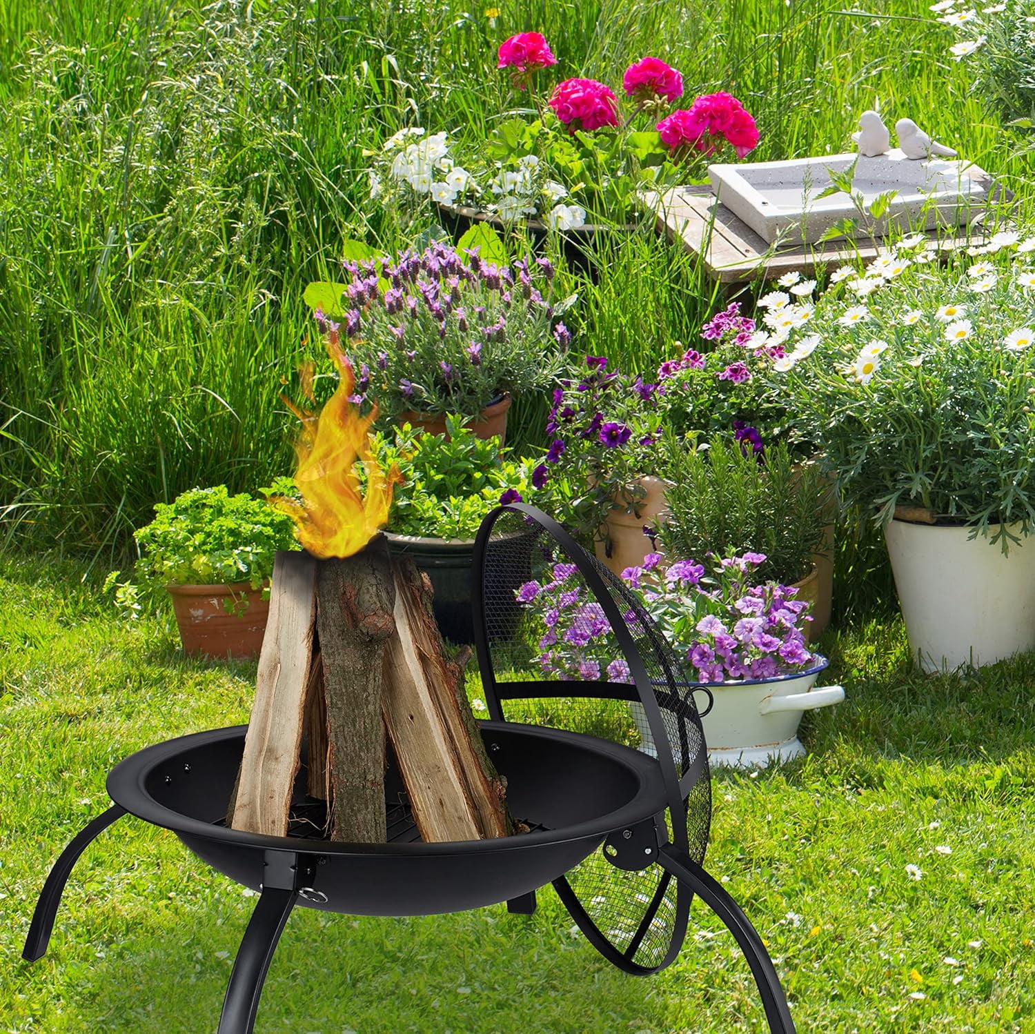 XL fire bowl, grill grate, poker, spark guard lid, garden, terrace, fireplace D 56.5 cm, black