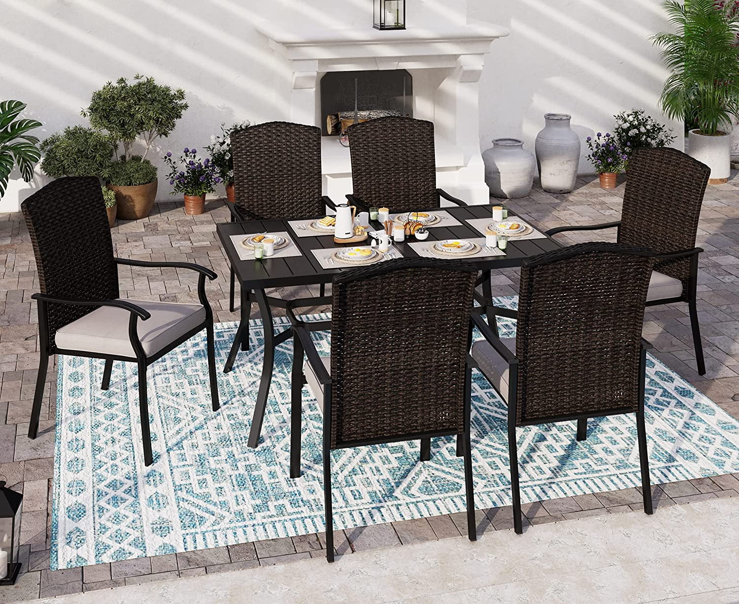 VALLEY Patio Dining Set 5 PCS C Spring Outdoor Dining Sets Wicker Patio Chairs with Cushion 37\u201Dx37\u201Dx28\u201DSquare Table 1.57" Umbrella Hole for Outdoor Kitchen Lawn Garden.