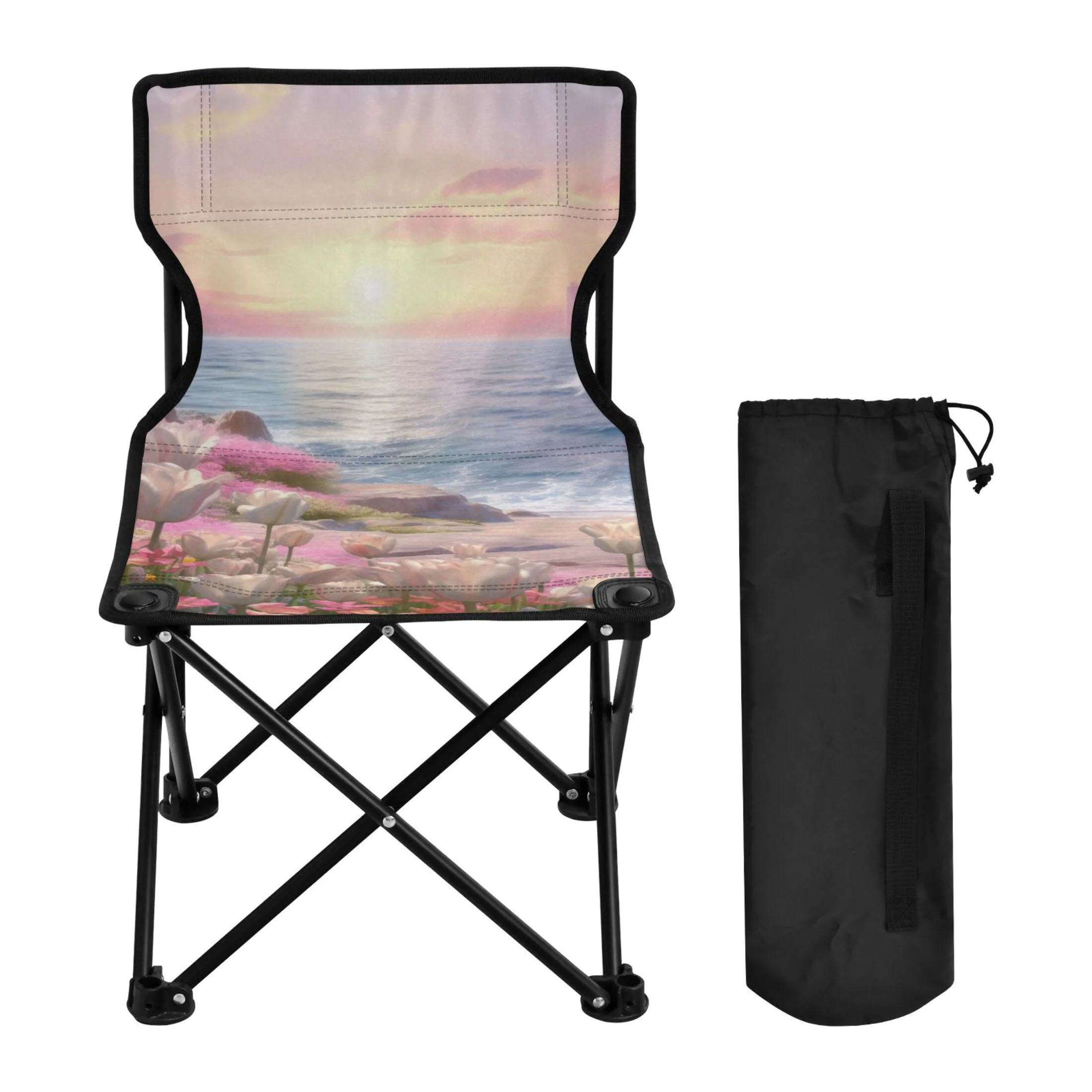 Flowers and Ocean Landscape Portable Camping Chair Small for Kids Outdoor Folding Beach Chair Fishing Chair Lawn Chair with Carry Bag