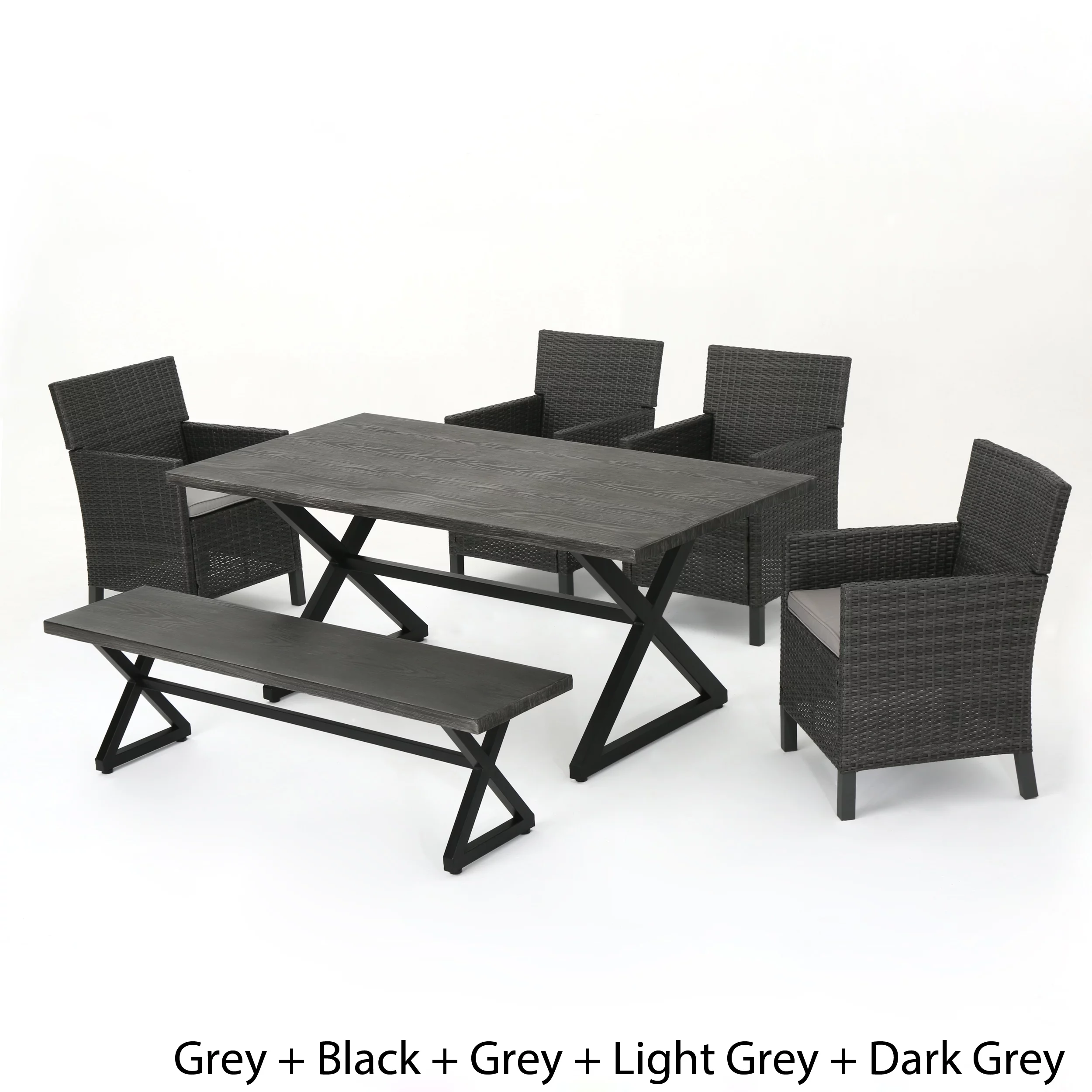 Jash Outdoor 6 Piece Wicker Dining Set with Aluminum Dining Table and Cushions, Grey