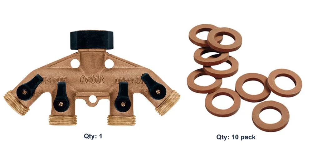 Orbit 4-Port Brass Hose Manifold with Rubber Hose Washer combo pack