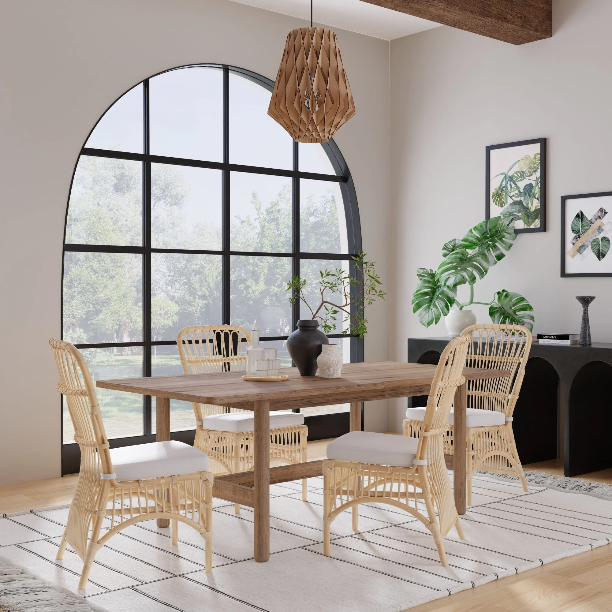 Rattan Loop Side Chair with Seat, White Cushion Accent, Natural Color, Chairs for Dining Room, Set of 2, Natural