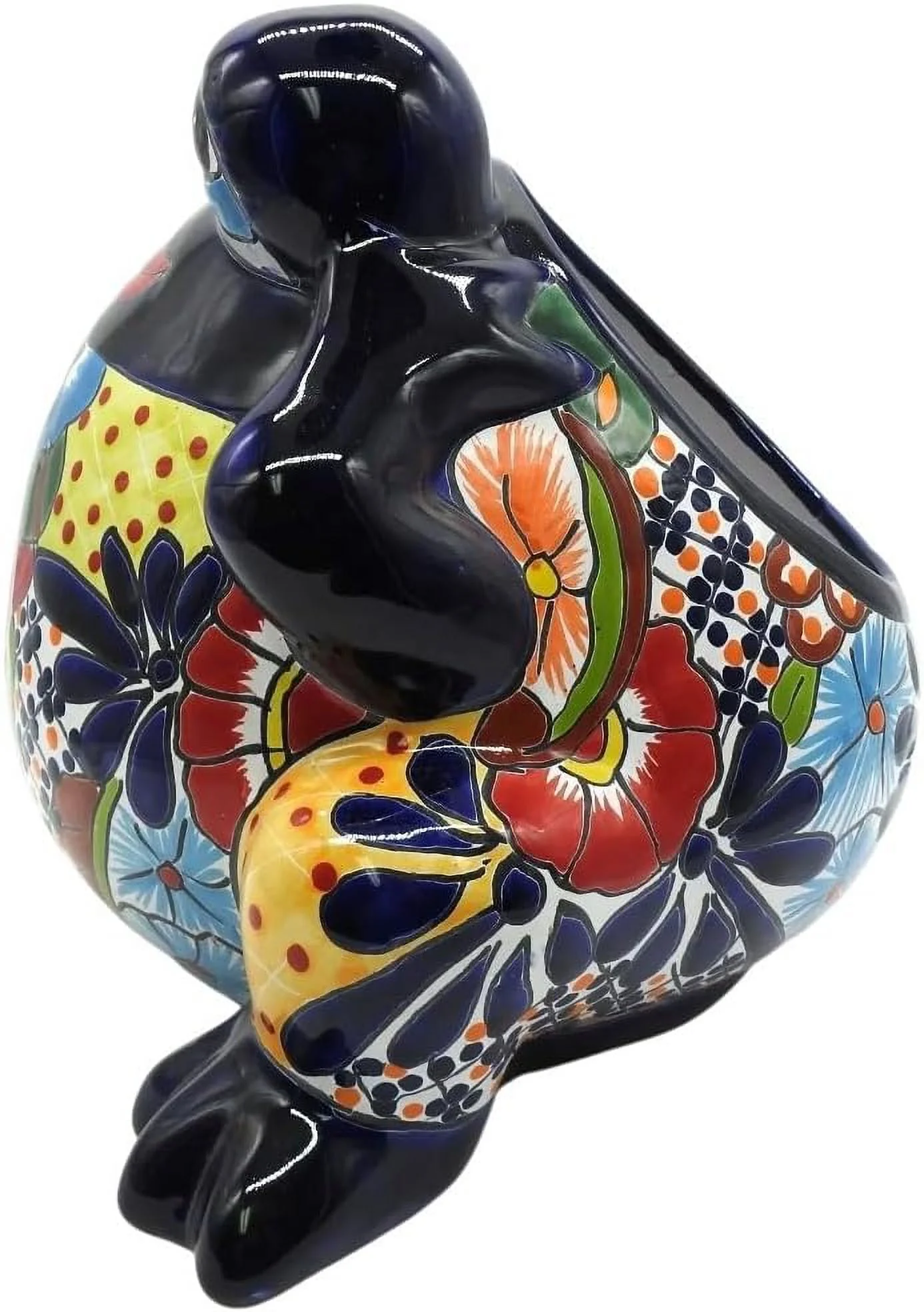 Lady Frog Planter Medium Hand Painted Indoor Outdoor Multi Colored Glazed Puebla