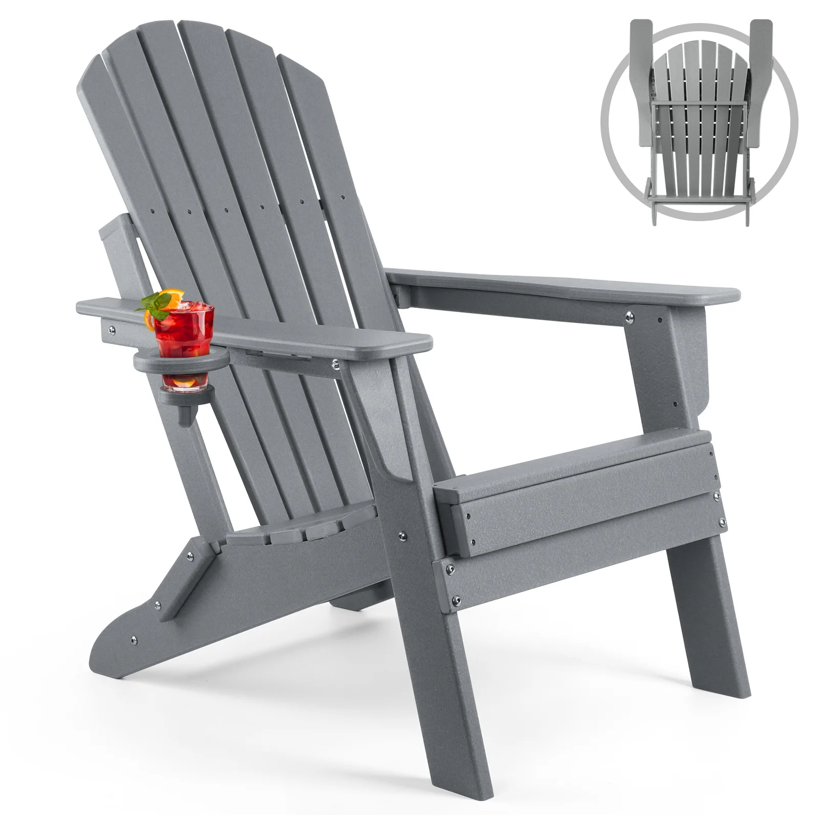PAOLFOX Patio Folding Adirondack Chair with Cup Holder, Gray