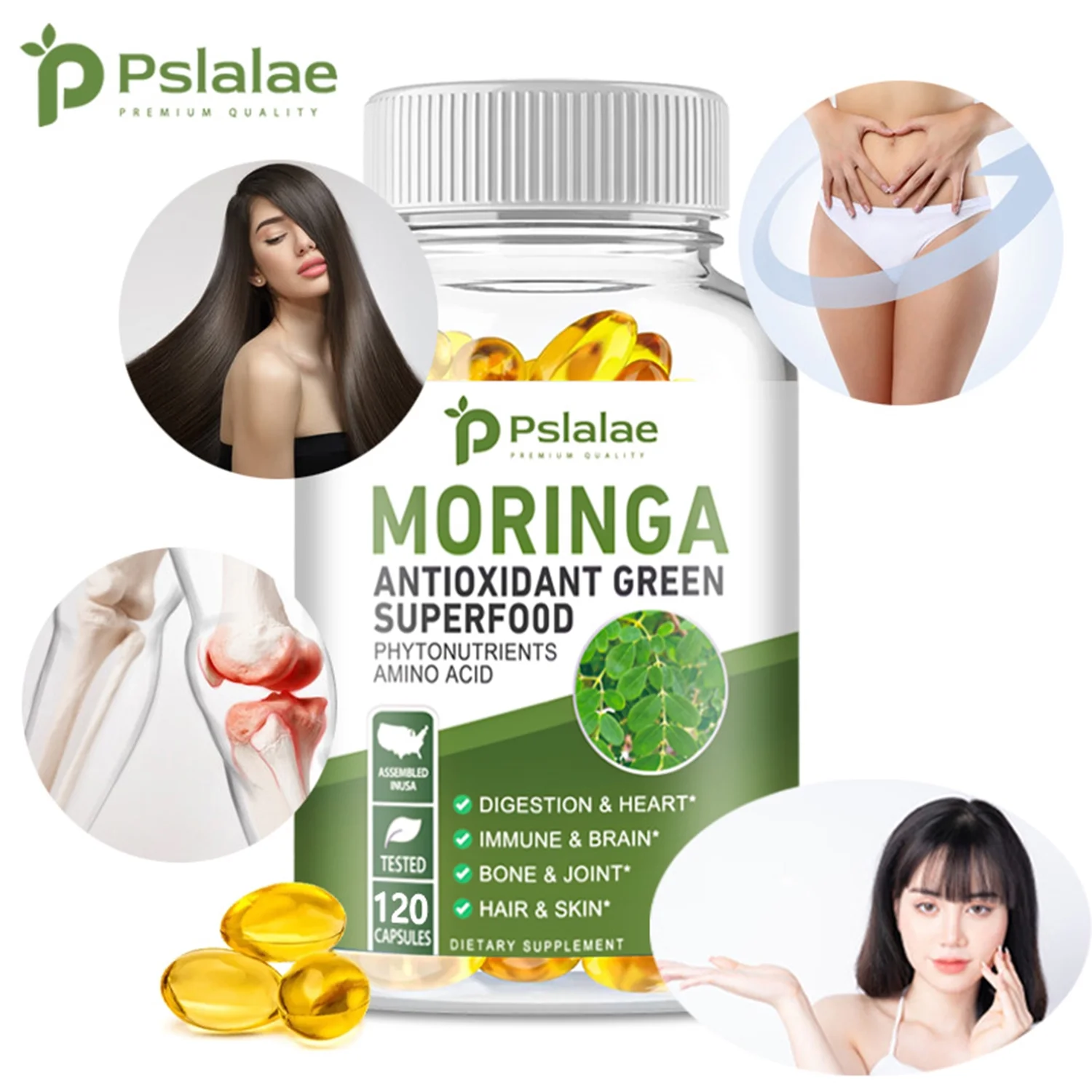 Pslalae Moringa Capsules 1000mg - Promote Metabolism, Digestion, Immune Support 120pcs (1/3/5 Pack)