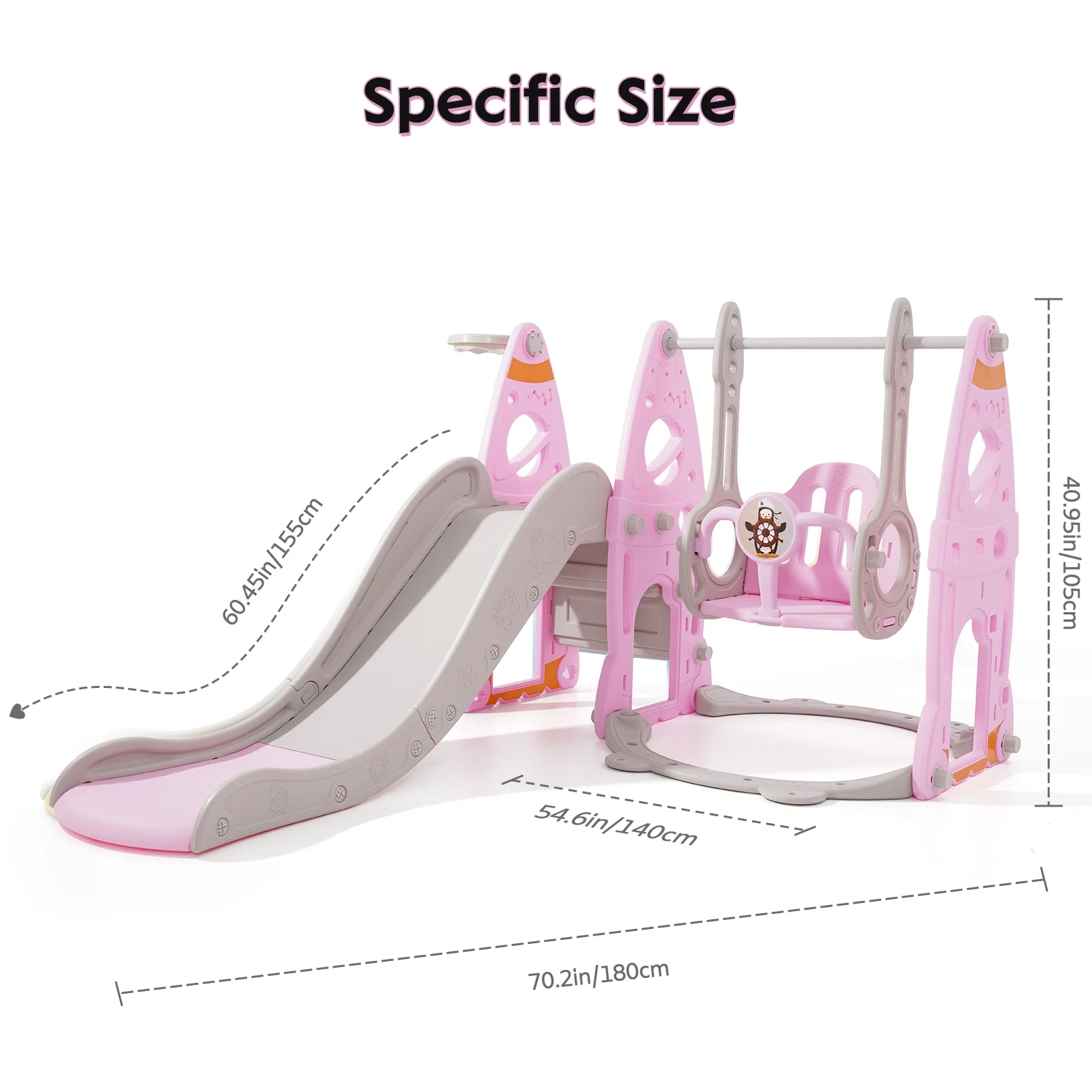 Ealing Toddlers Slide and Swing Set for Age 1-5 ,4 in 1 Indoor Playground for Children Climber Slide with Basketball Hoop, Extra Long Slide 60.45 in,Pink