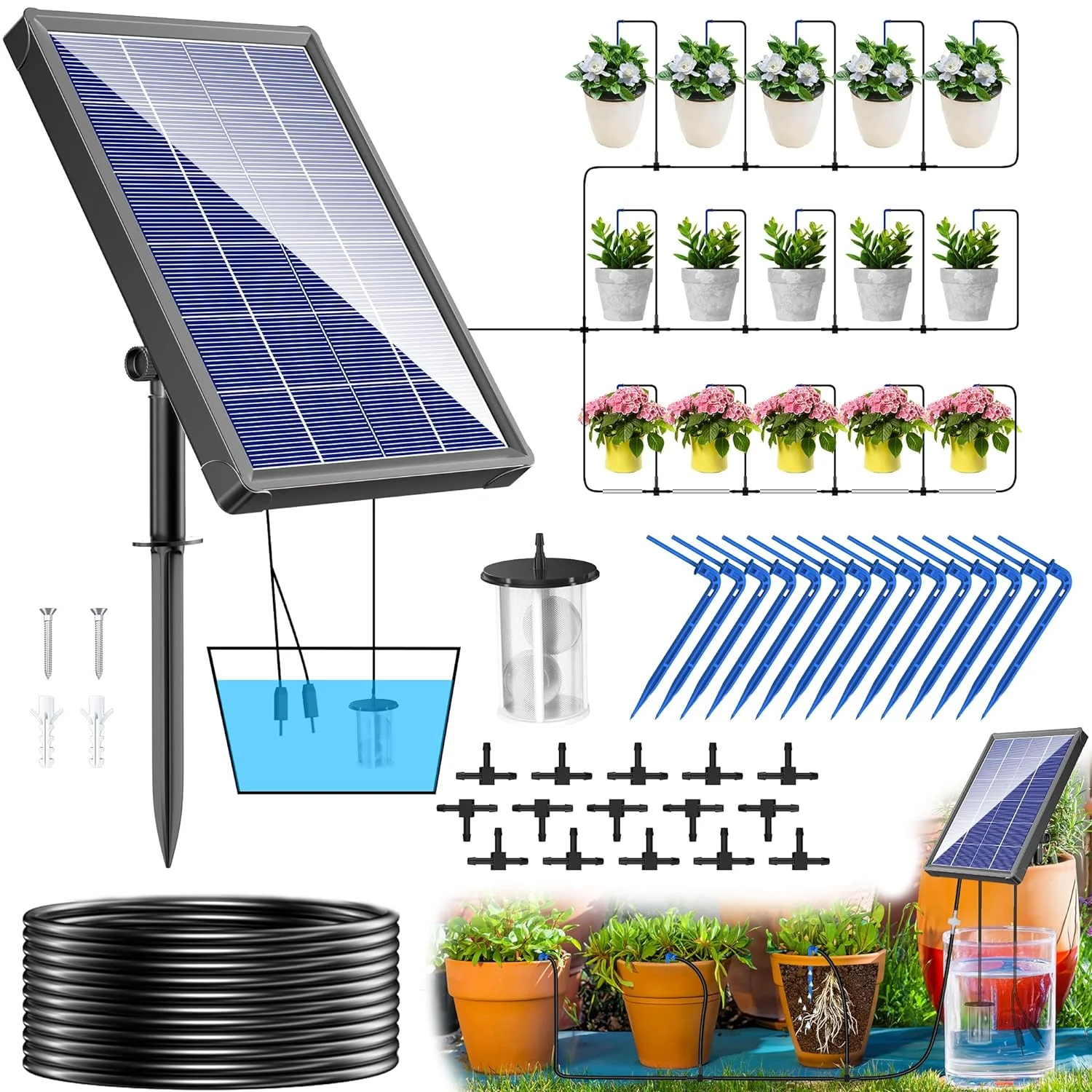 Drip Irrigation System Outdoor, 4W Solar Auto Watering System for 15 Potted Plants with 2200mAh Battery Backup, 6 Timing Modes for Garden Greenhouse Plants