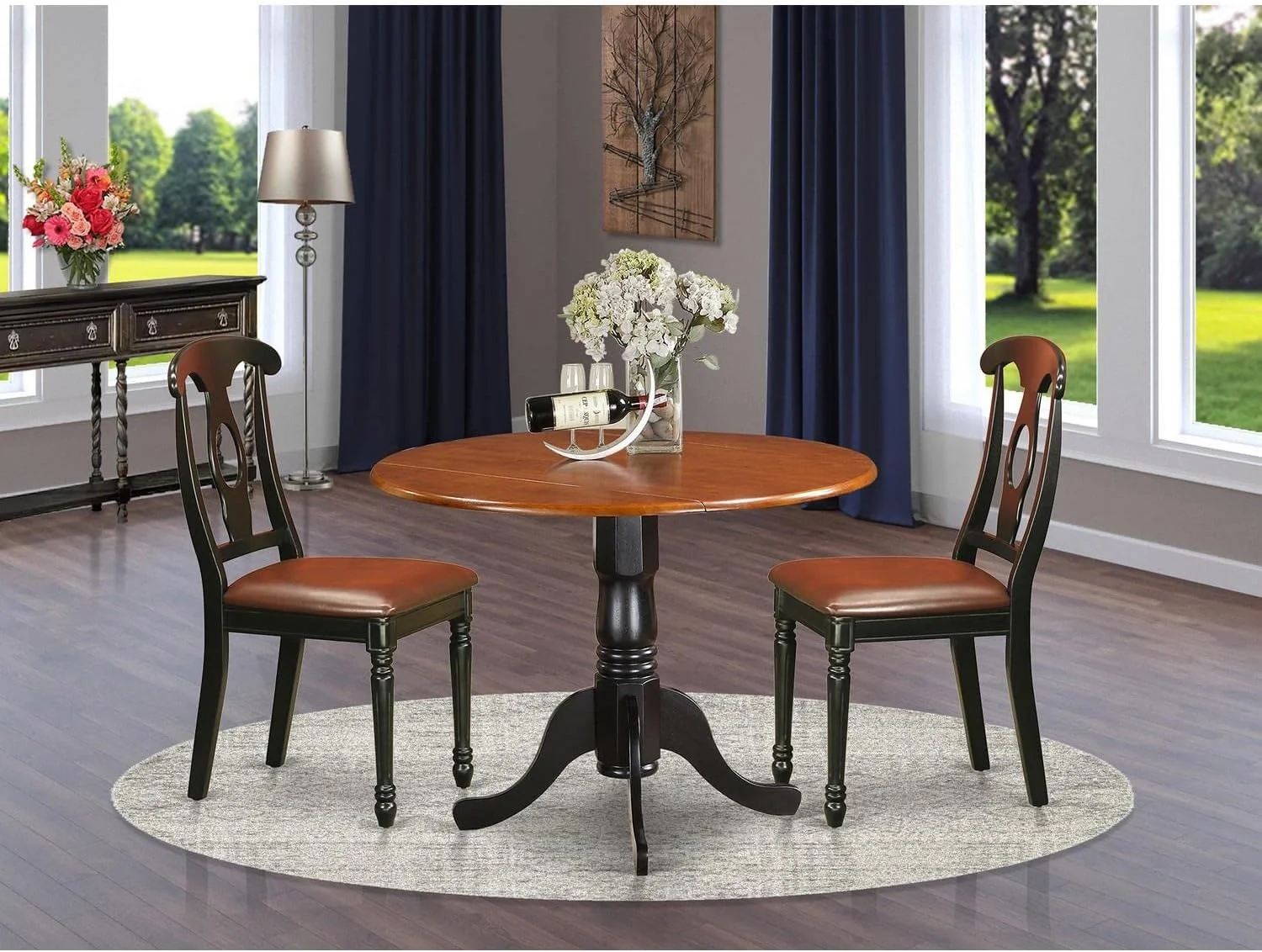 MINGFENG Dublin 3 Piece Modern Set Contains a Round Wooden Table with Dropleaf and 2 Faux Leather Kitchen Dining Chairs, 42x42 Inch, Black & Cherry
