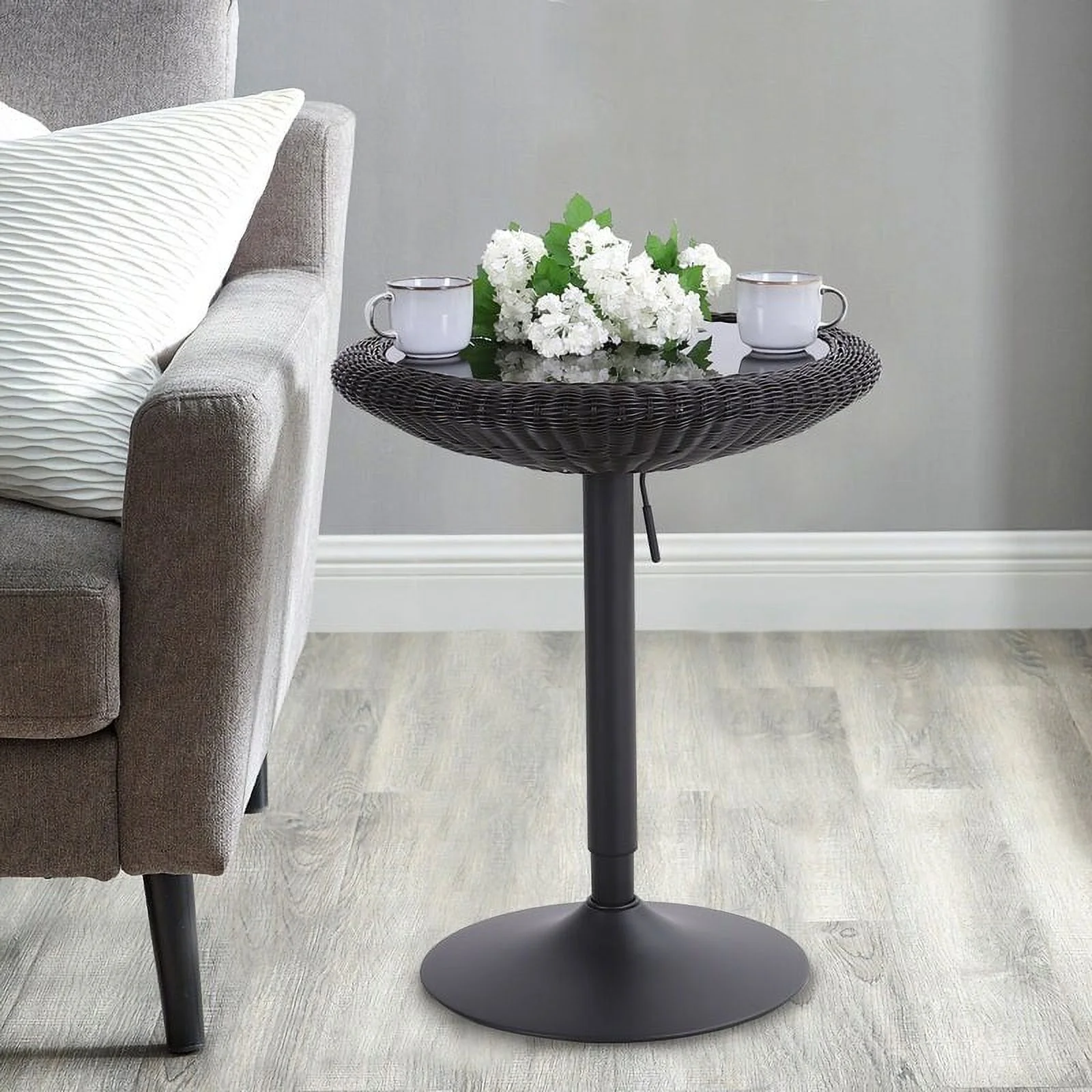 Phi Villa  Adjustable Rattan Pub Bar Table, Round Glass Table Top 29