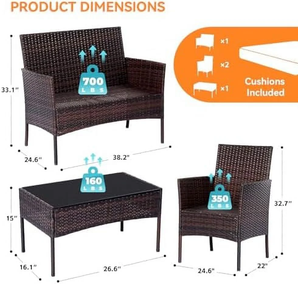 HYHBIBOOM Patio  Set 4 Pieces Conversation Set Outdoor PE Rattan Chair with Cushion Tempered Glass Table Garden Balcony Sets for Yard Pool Backyard Brown/Beige