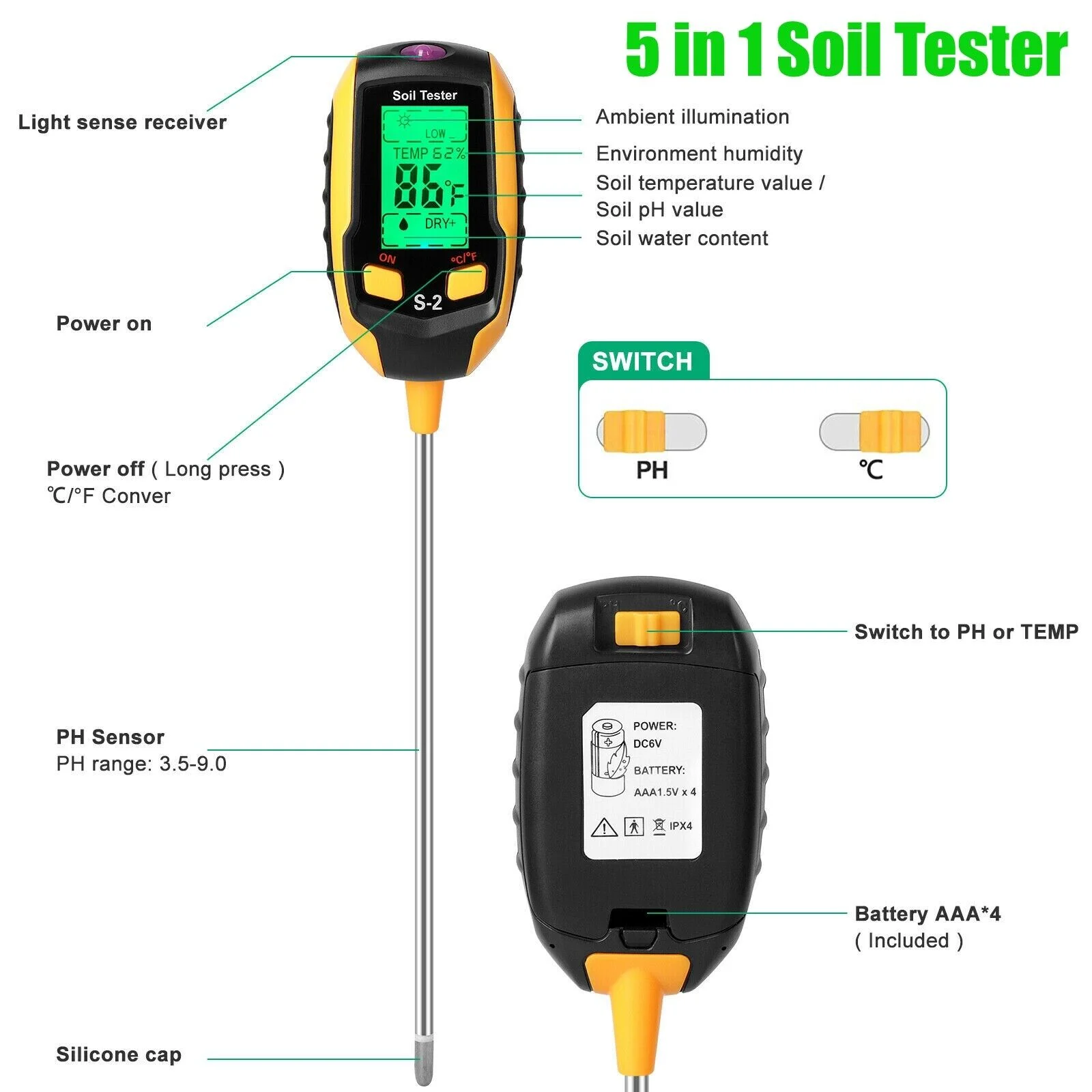 LCD Digital PH Soil Tester Water Moisture Temperature Sunlight Test Meter Plant