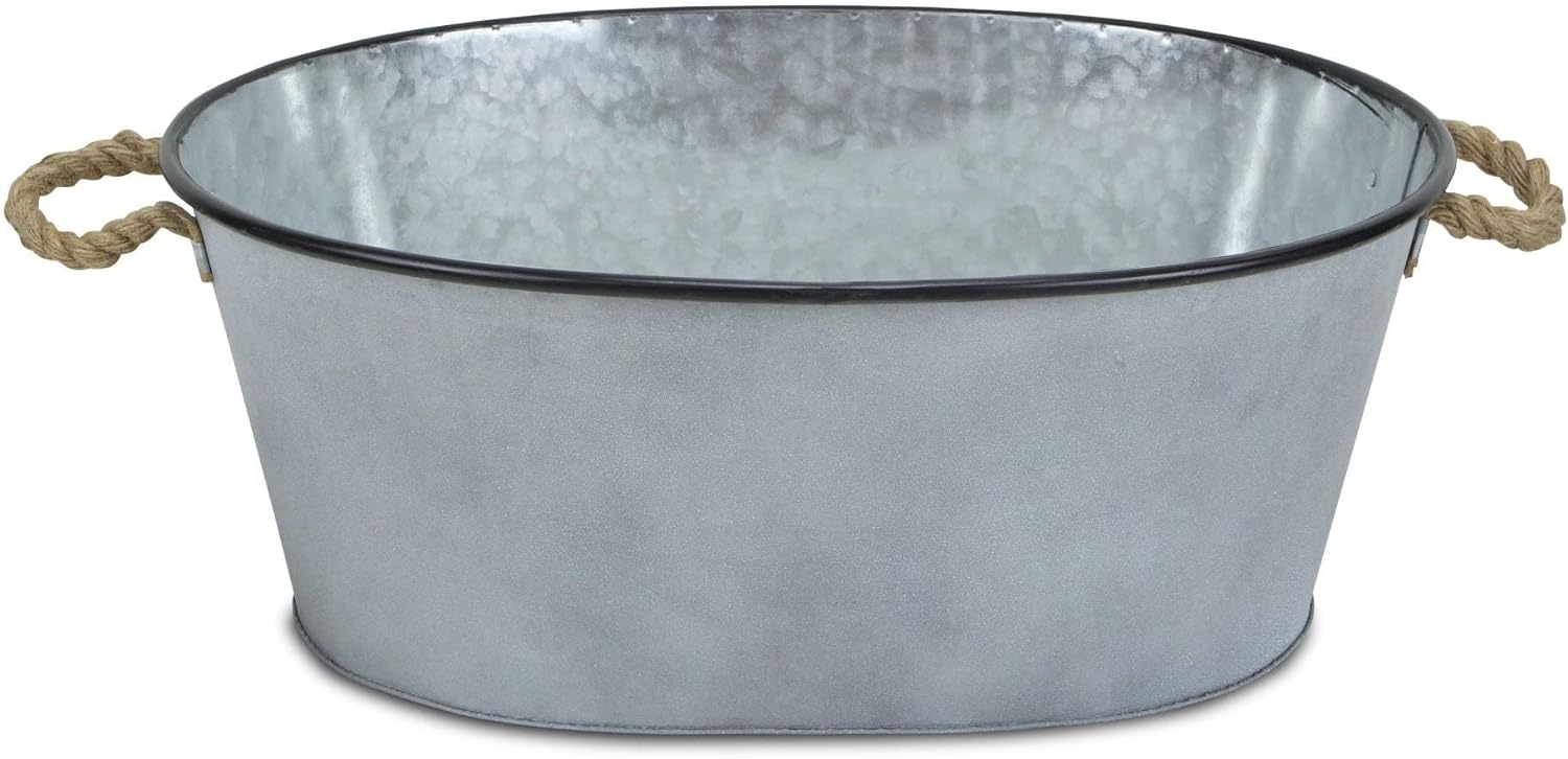 Gray Galvanized Metal Oval Planter with Rope Handles L: 24
