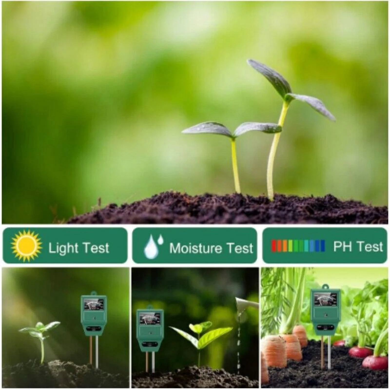 3-in-1 Soil pH and Moisture Light Intensity Meter Plant Tester for Plants Growth