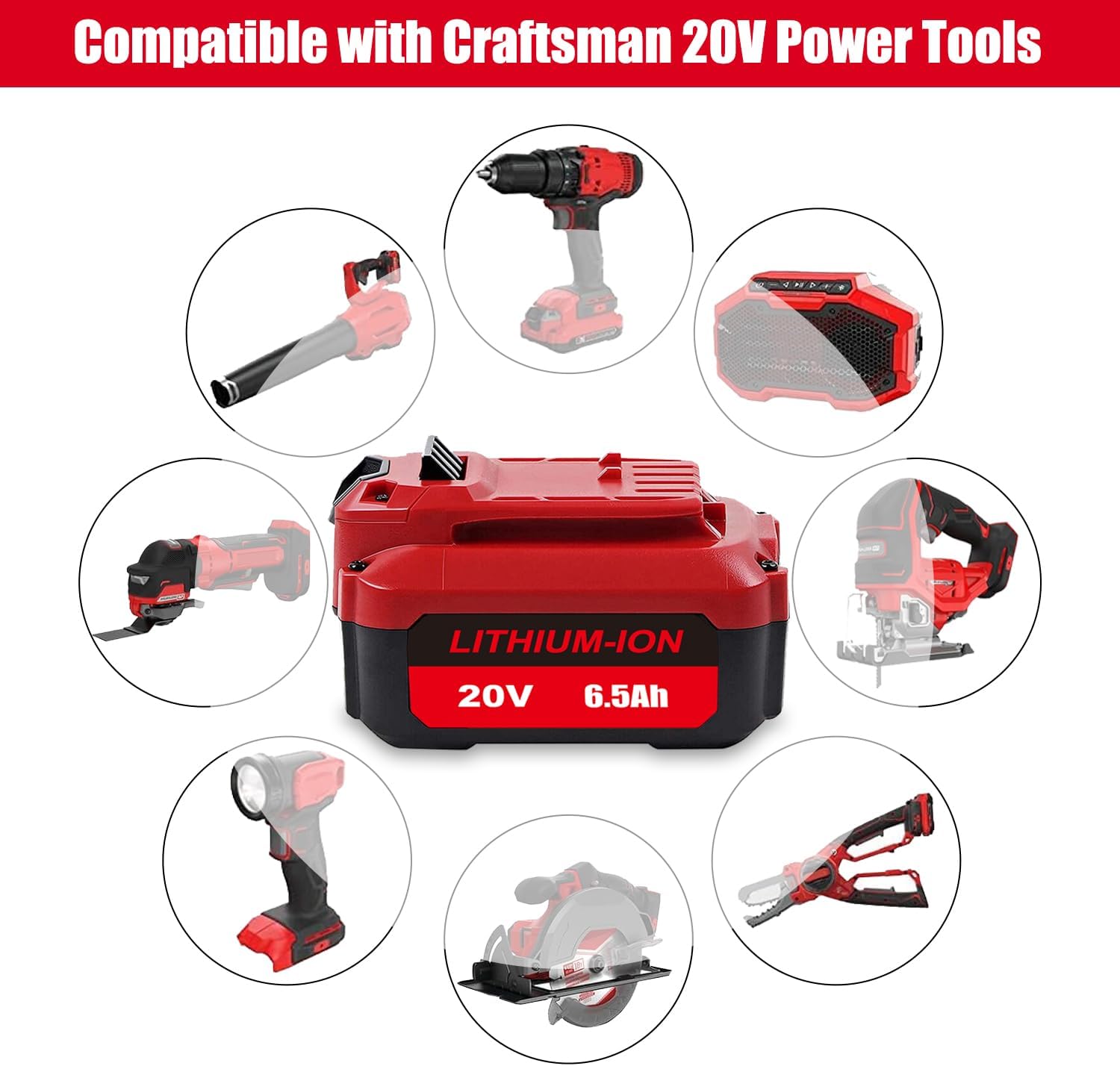 20V 6.5Ah V20 CMCB206 Battery Replacement for 20V 6.0Ah CMCB206 4.0Ah CMCB204 V20 Battery Pack Compatible with Craftsman 20-Volts Cordless Power Tools V20 Lithium-Ion Battery