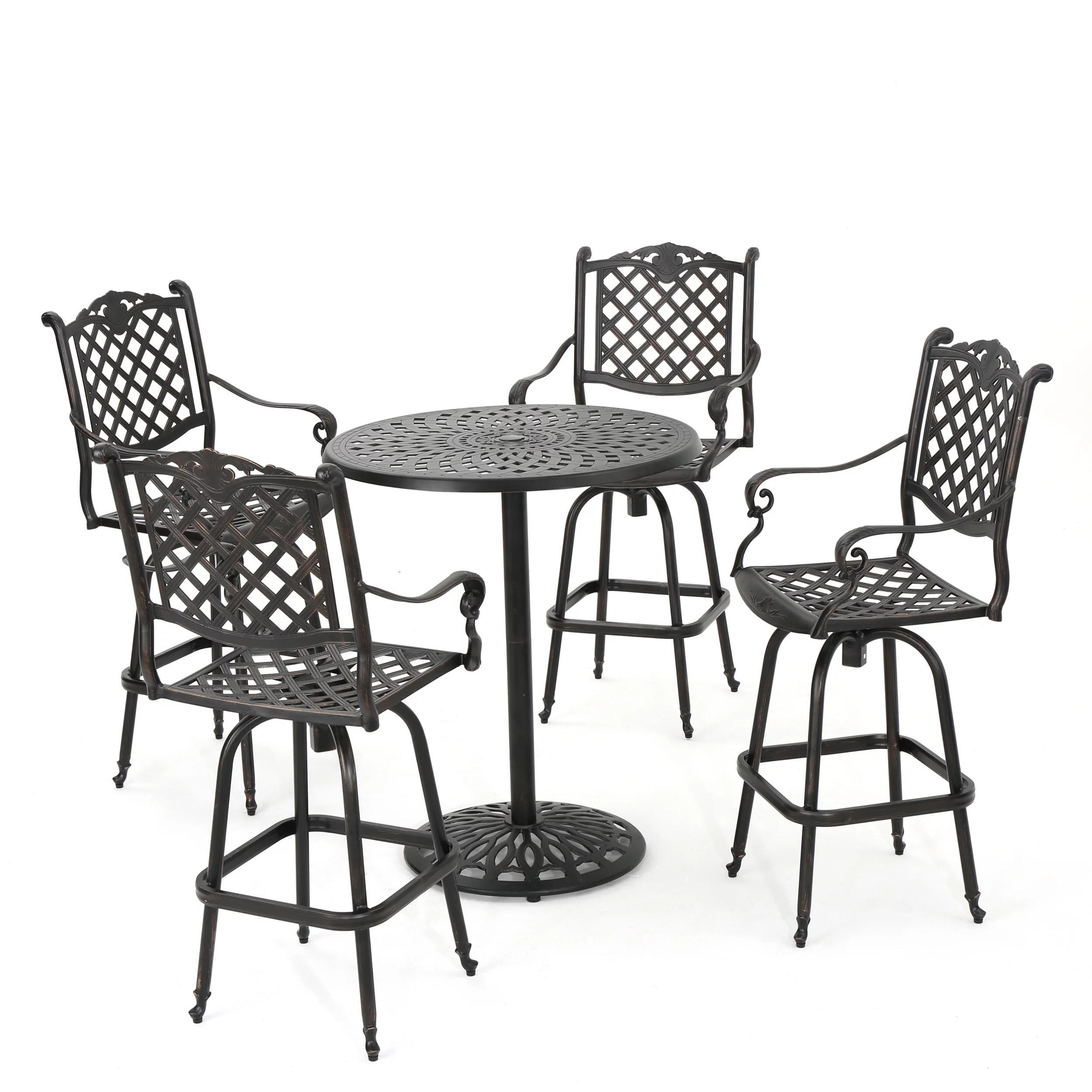 Outdoor 5 Piece Cast Aluminum Bar Set, Shiny Copper Finish