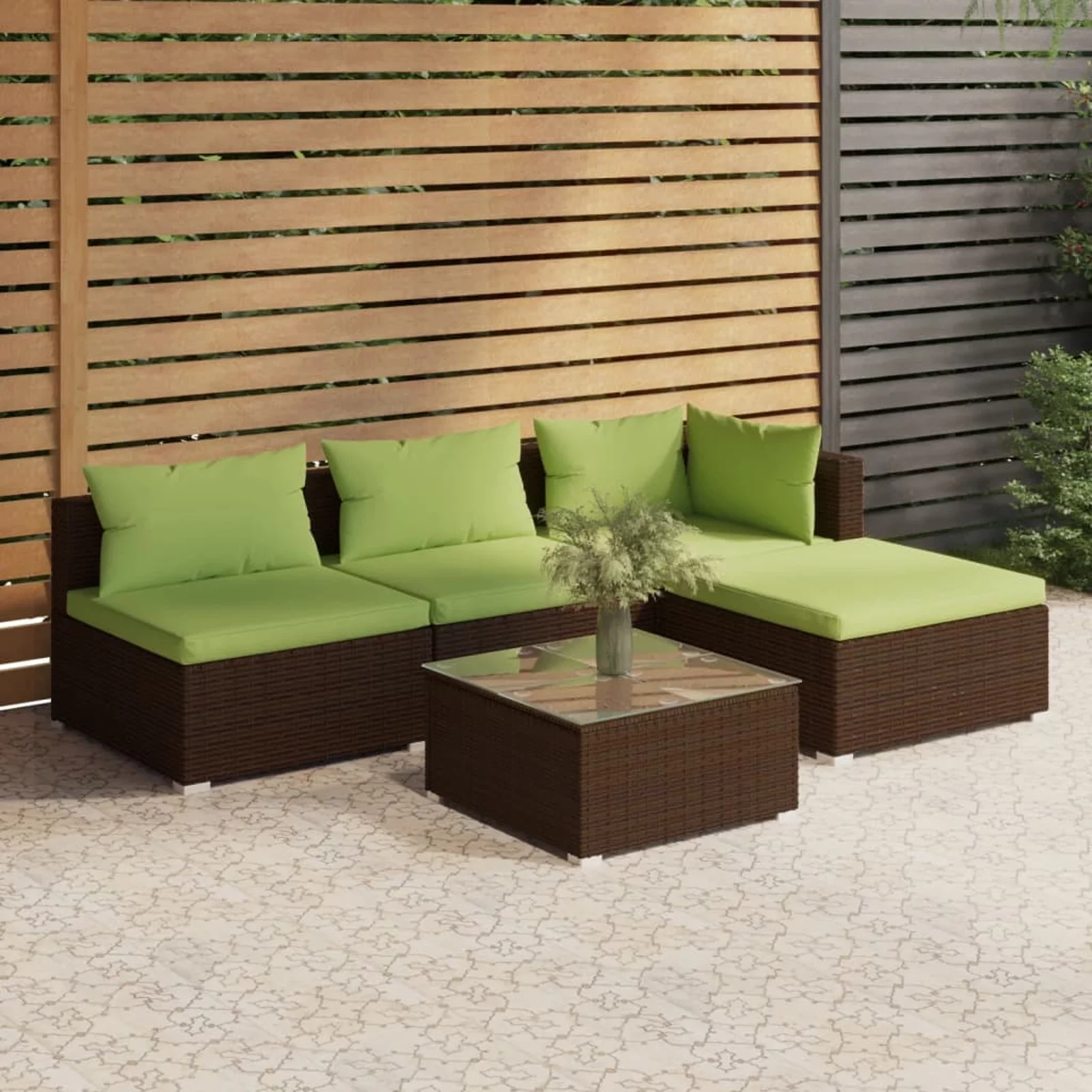 Anself 5 Piece Patio  Set with Cushions Corner Sofa, 2 Middle Sofas, Footrest and Coffee Table Conversation Set Poly Rattan Brown  Sectional Set for Garden, Balcony, Deck