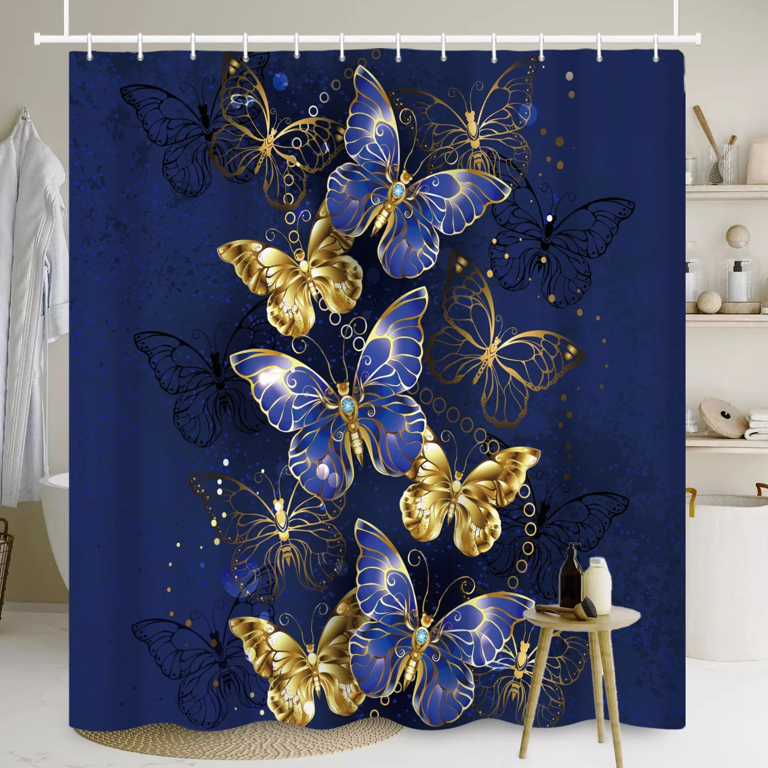 SUNOLIFE Blue Butterfly Shower Curtain Navy Blue Waterproof Fabric Bathroom Curtain with Hooks,72x72 in