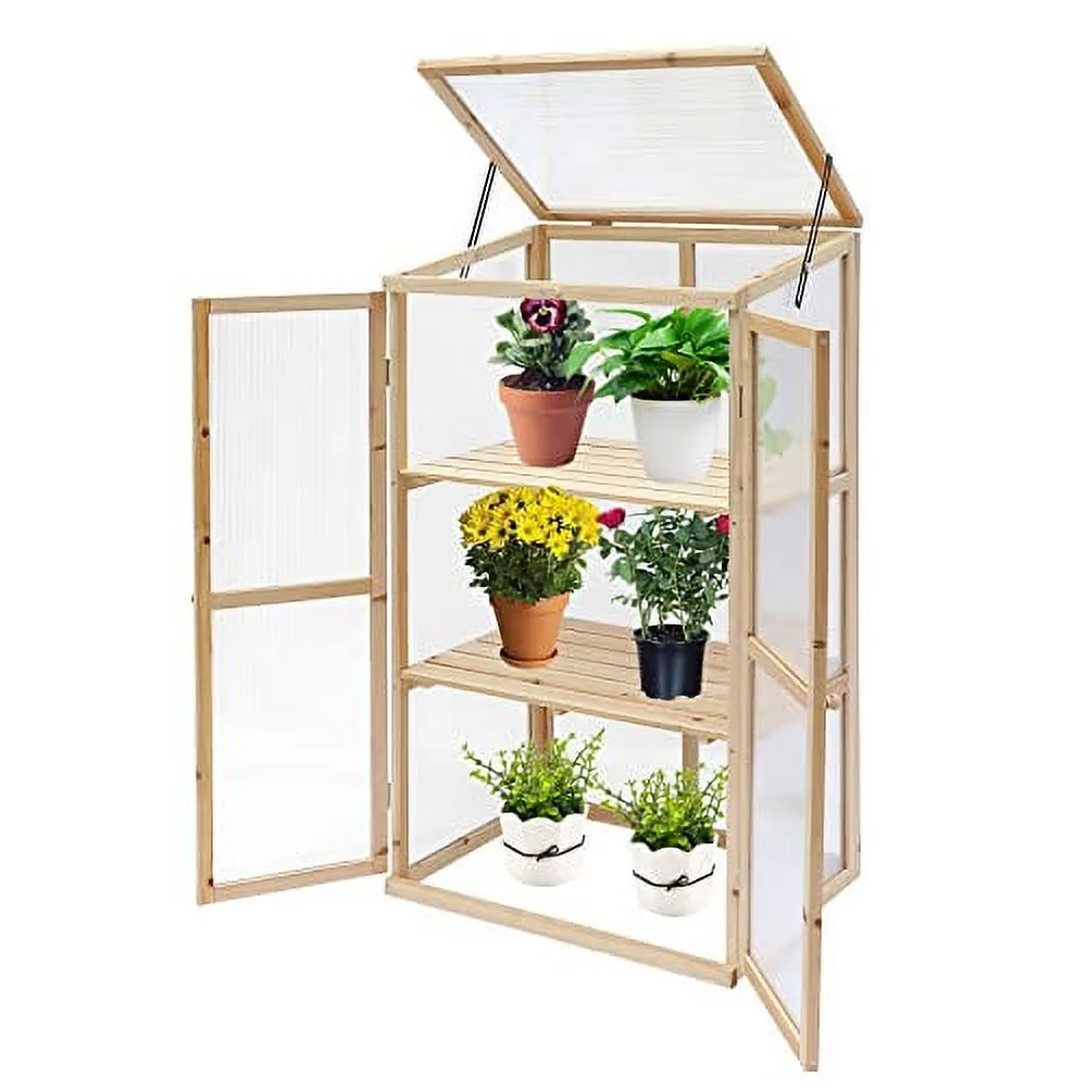 Garden Portable Wooden Cold Frame Greenhouse, Raised Flower Planter with Hard Translucent PC Protection (27