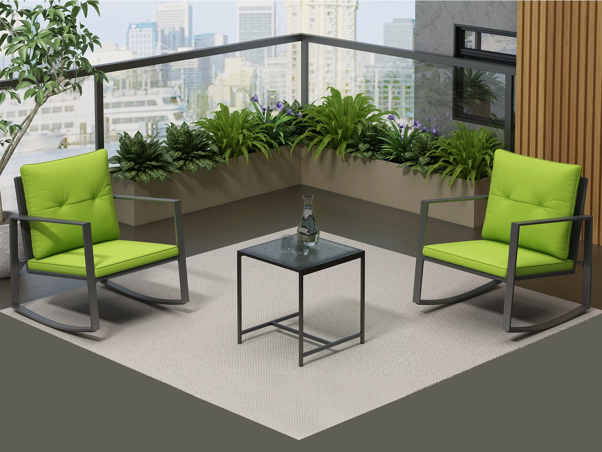 Sophron 3-Piece Bistro Patio Weather Resistance Furniture Set -Two Chairs With Durable Glass Table - Green