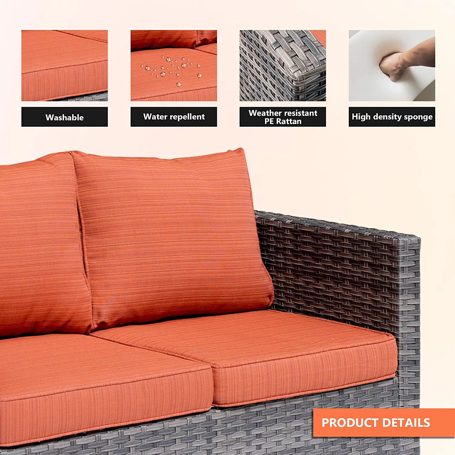 Patio  Set 6 PCS Outdoor Sectional Sofa Set with Rocking Swivel Chairs Loveseat Ottomans High Back Sofa All Weather Wicker Rattan Conversation Sets for Yard Porch (Orange Red)