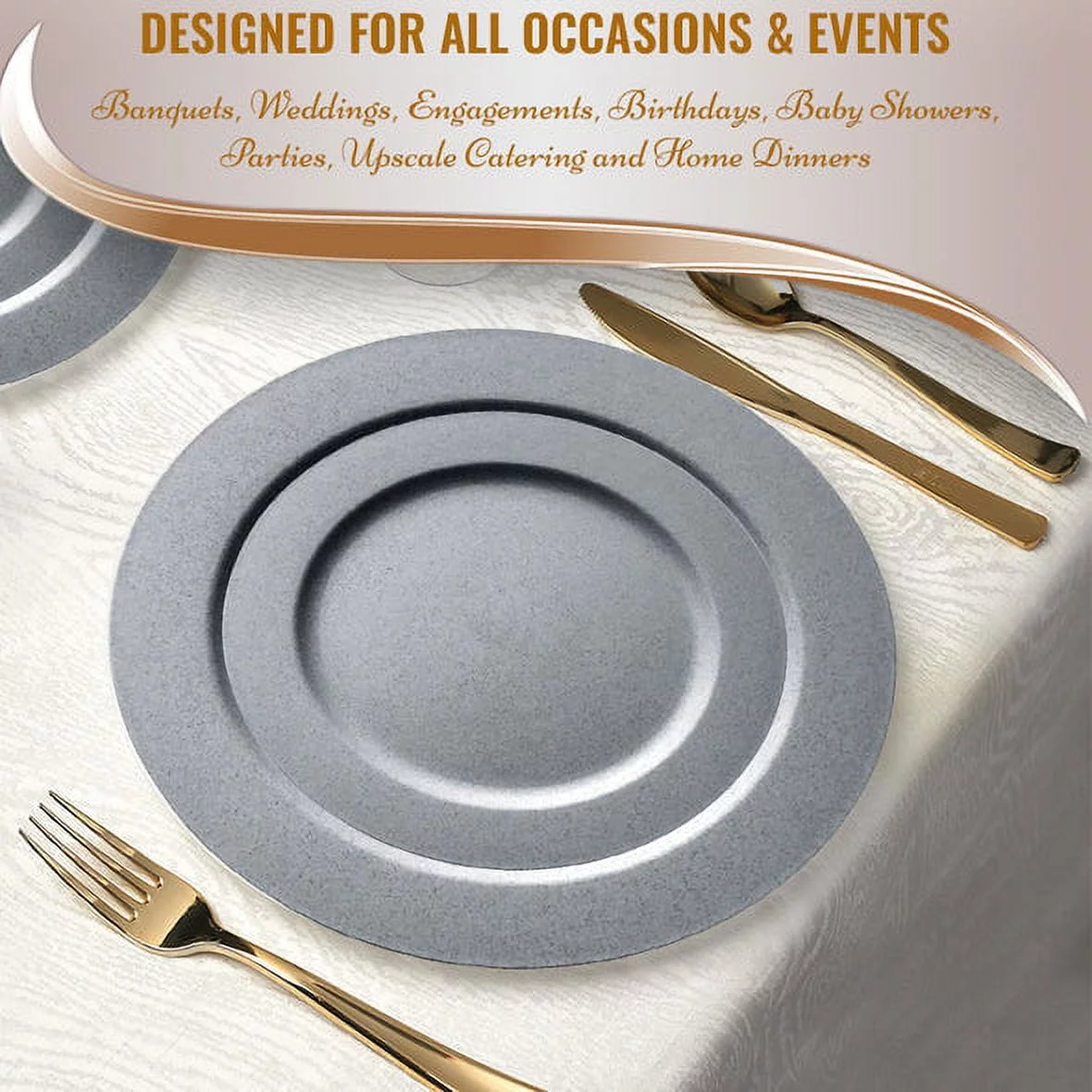 Smarty Matte Steel Gray Round Disposable Plastic Dinnerware Value Set, 240 ct