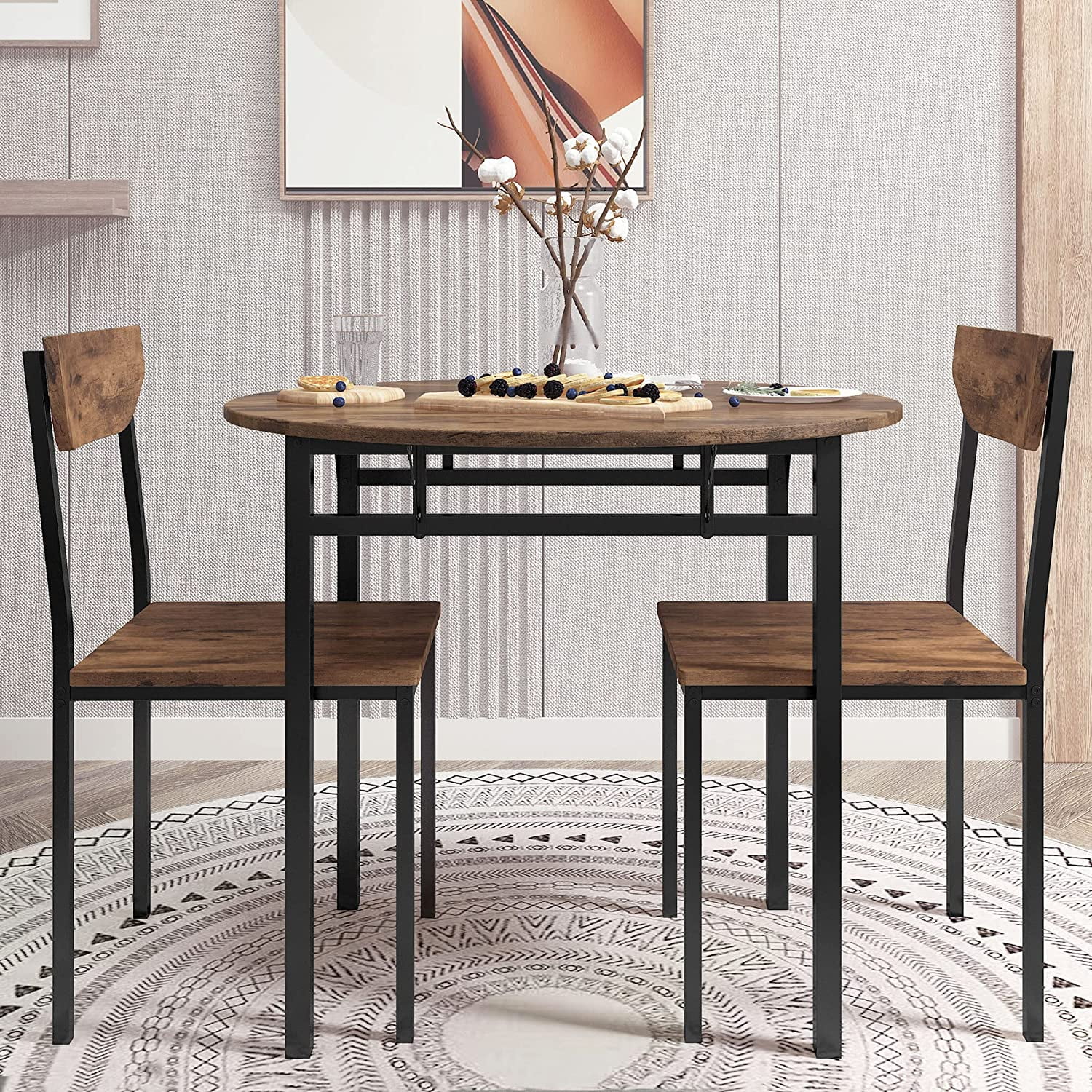 3 Piece Kitchen and Dining Room Furniture Set  Farmhouse Counter Height Table with Storage Cabinet  Shelves and 2 Chairs for Living Room  Breakfast Nook  Dinette  Small Places