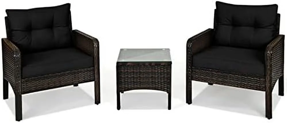 DIKTESSE 3 Piece Outdoor Wicker Conversation  Set  Rattan Patio Chairs  w/Glass Top Coffee Table & Thick Cushions  Patio  Set for Deck Porch Poolside Garden (Turquoise)