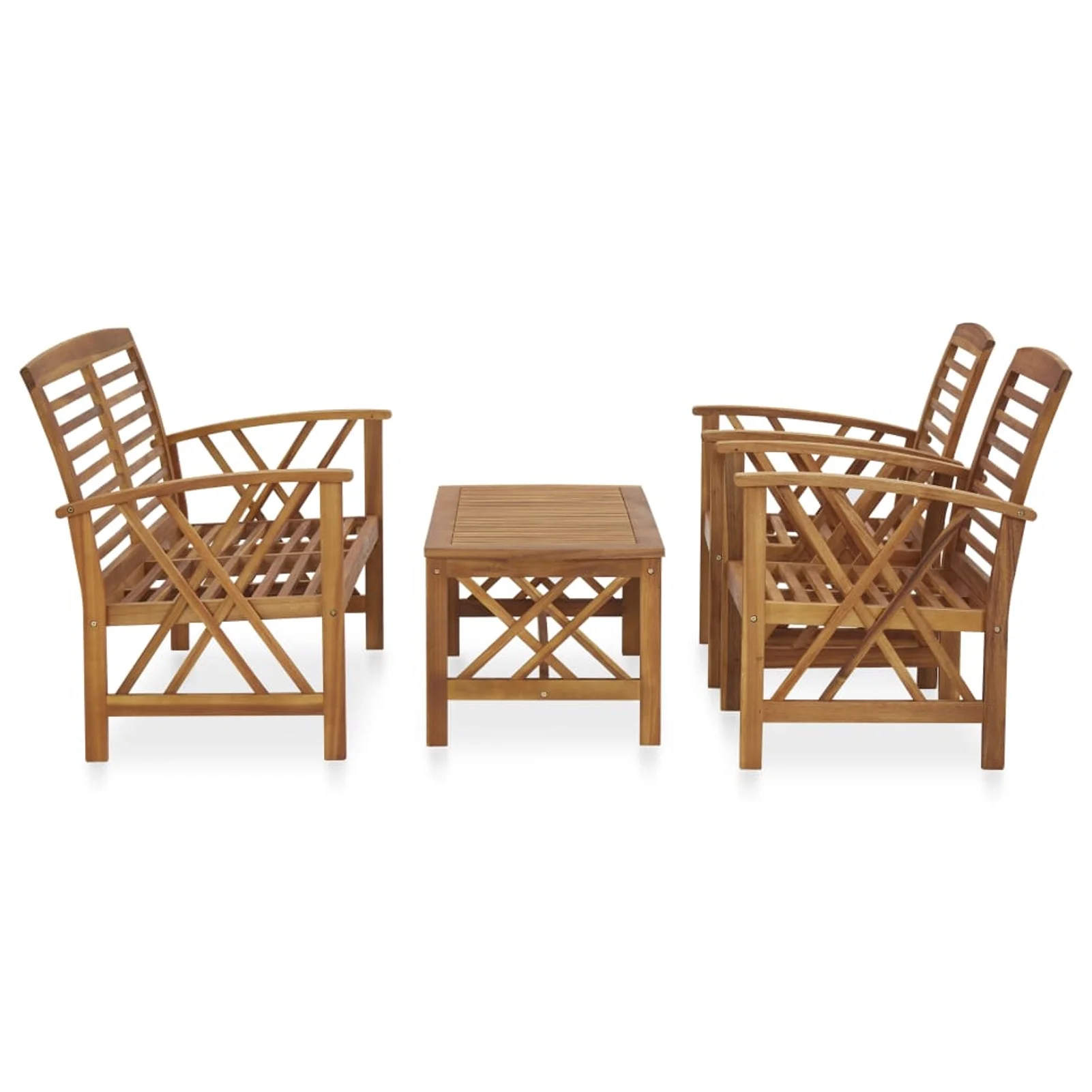 Anself 4 Piece Patio  Set Acacia Wood 2 Garden Chairs with Bench and Coffee Table  Conversation Set for Garden, Lawn, Courtyard