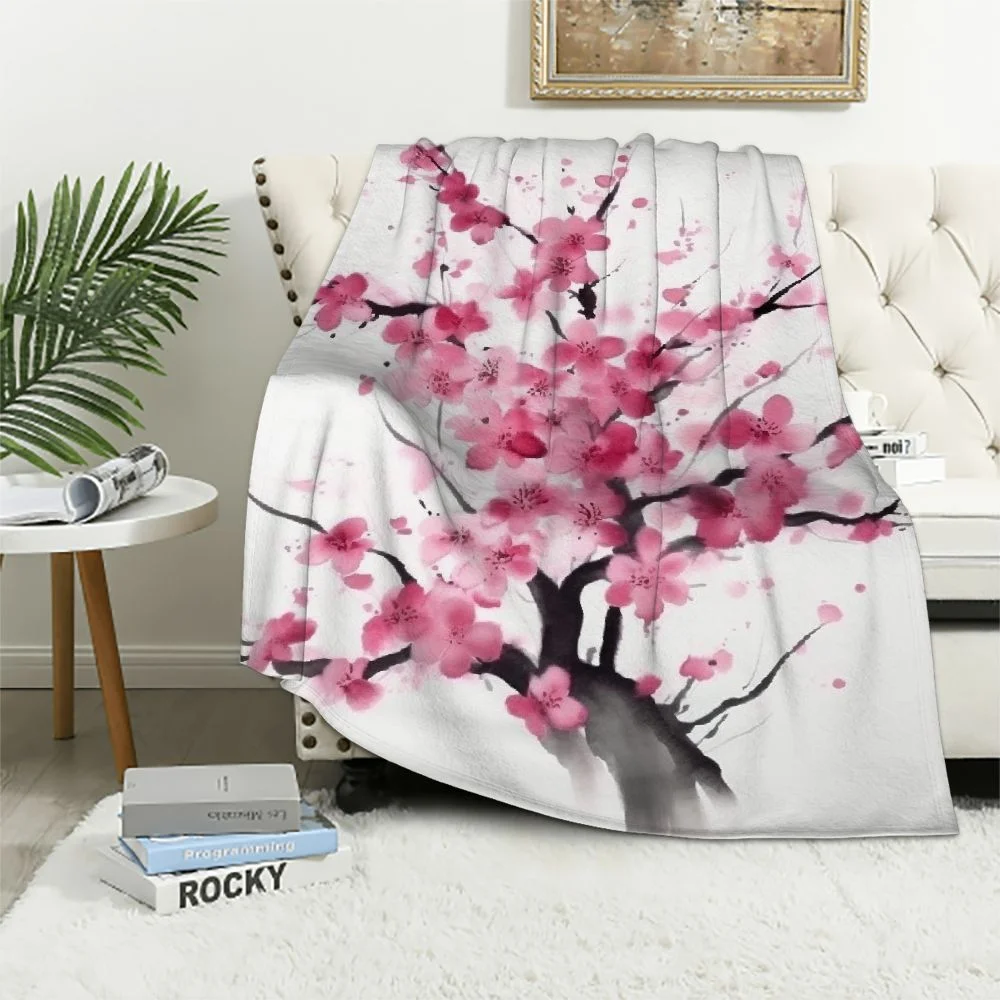 JEUXUS  Pink Flower Sakura Plum Blossom Throw Blanket Cherry Japanese Asian Style Soft and Comfortable Flannel Big Blanket for Bedding Office Sofa and Chair Decor Gift