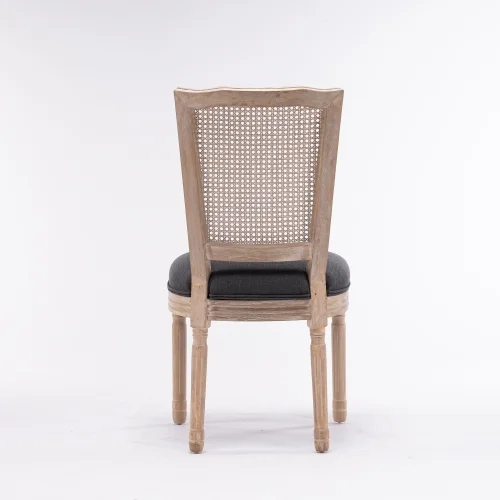 French Style Solid Wood Frame Antique Painting Linen Fabric Square Rattan Back Dining Chair,Set of 2,Dark Grey