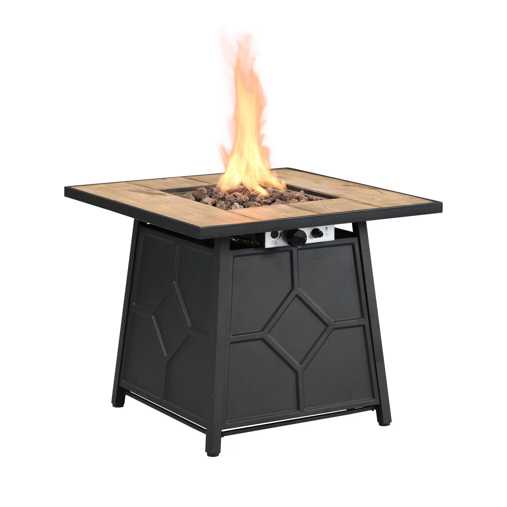 30 in. W x 25 in. H Square Black Metal Base Propane Gas Fire Pit with Wood Table Top in Black