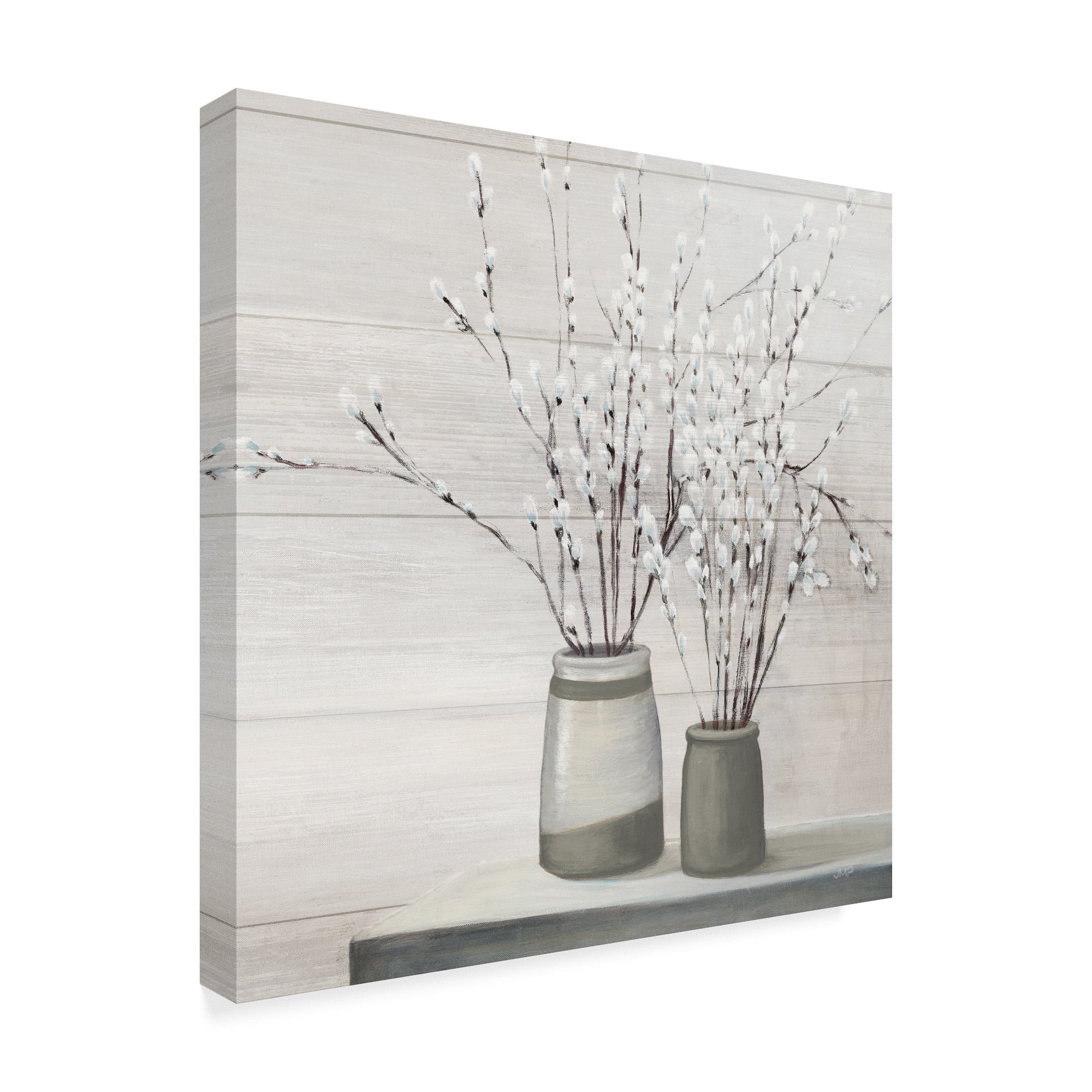 Trademark Fine Art 'Pussy Willow Still Life Gray Pots Shiplap' Canvas Art by Julia Purinton