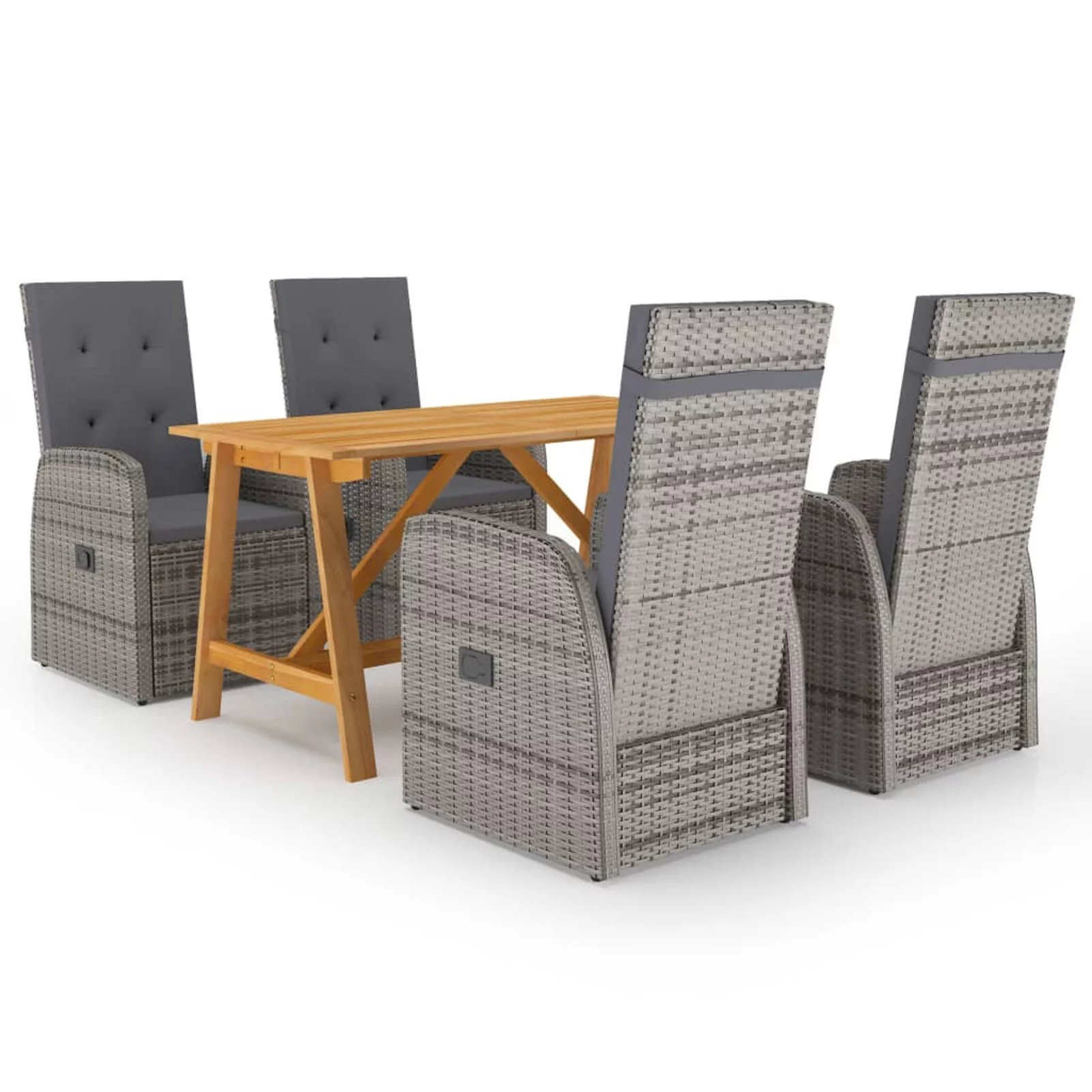moobody 5 Piece Patio Dining Set Acacia Wood Garden Table and 4 Backrest Adjustable Chairs with Seat and Back Cushion Gray Poly Rattan  Dining Set for Garden, Backyard, Balcony
