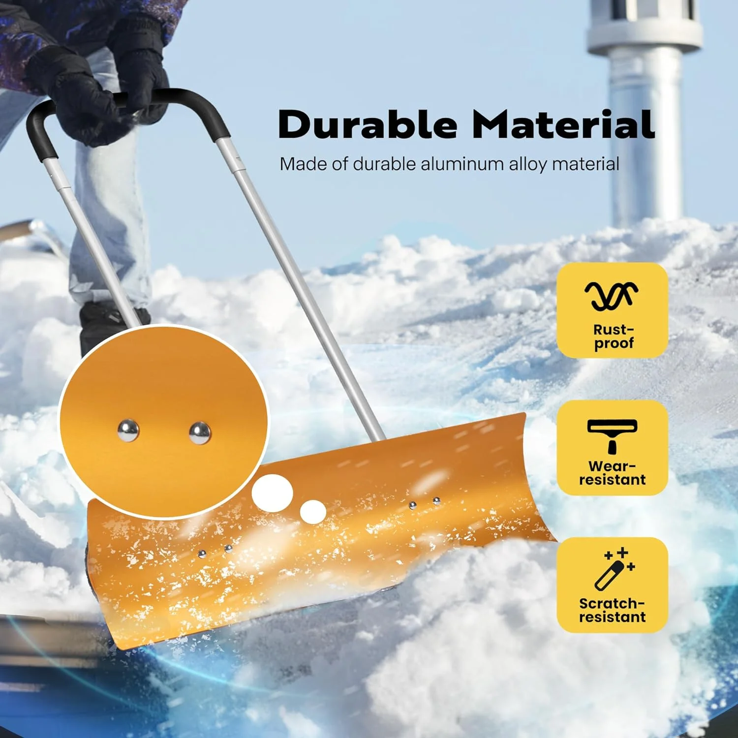 SPECSTAR 37 in Aluminum Snow Shovel Pusher with Wheels, Bi-Direction Heavy Duty Metal Snow Removal Tool