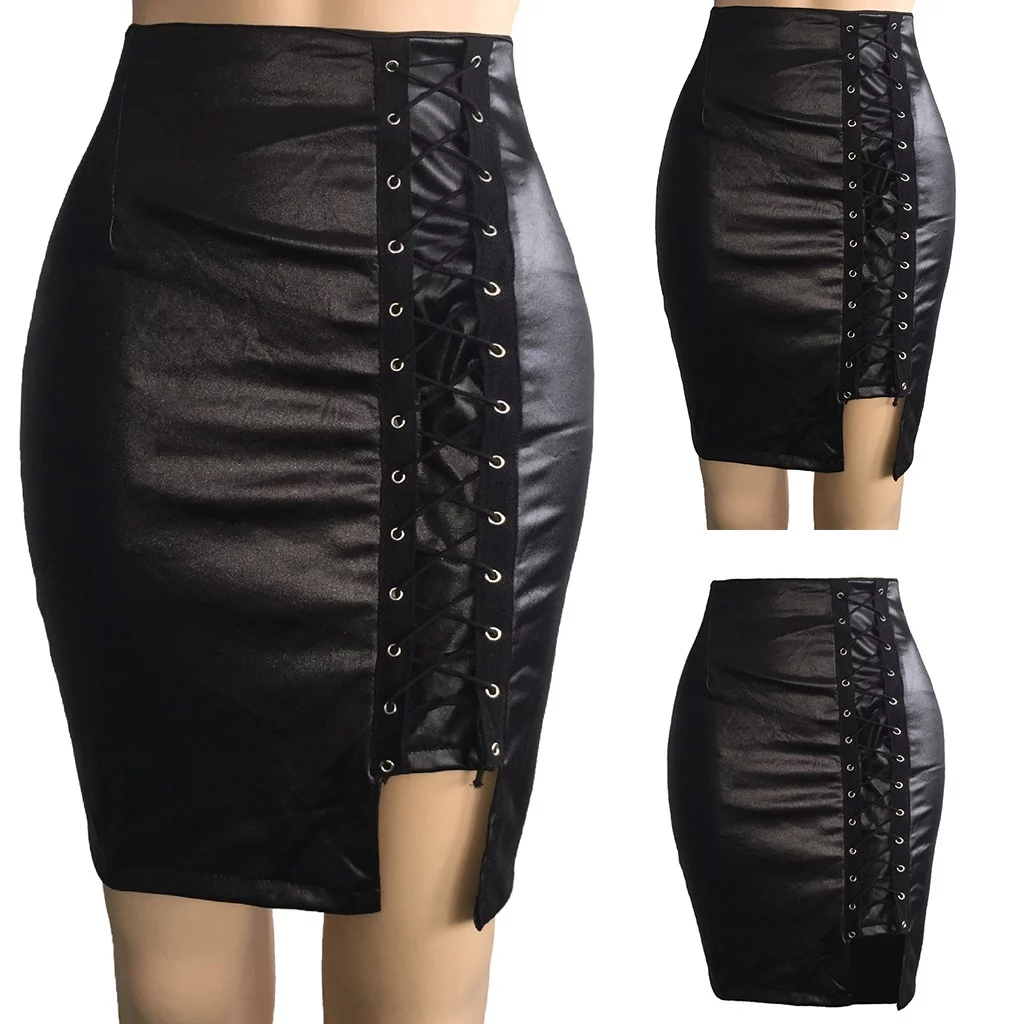 Winter Skater Skirt Women Ladies High Waist And Knee Skirt Bandage Split Sexy Hip Leather Skirt Skirt