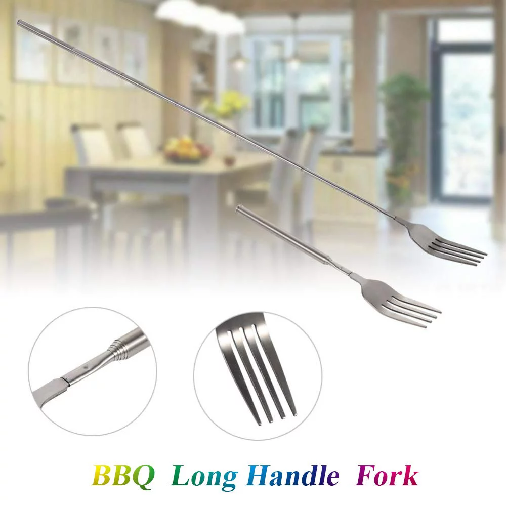 Telescopic Fork, 3PCS Stainless Steel Extendable Long Handle Fork BBQ Telescopic Extendable Dinner Fruit Dessert Long Handle Fork, Sturdy and Durable 8.7-25.4inch