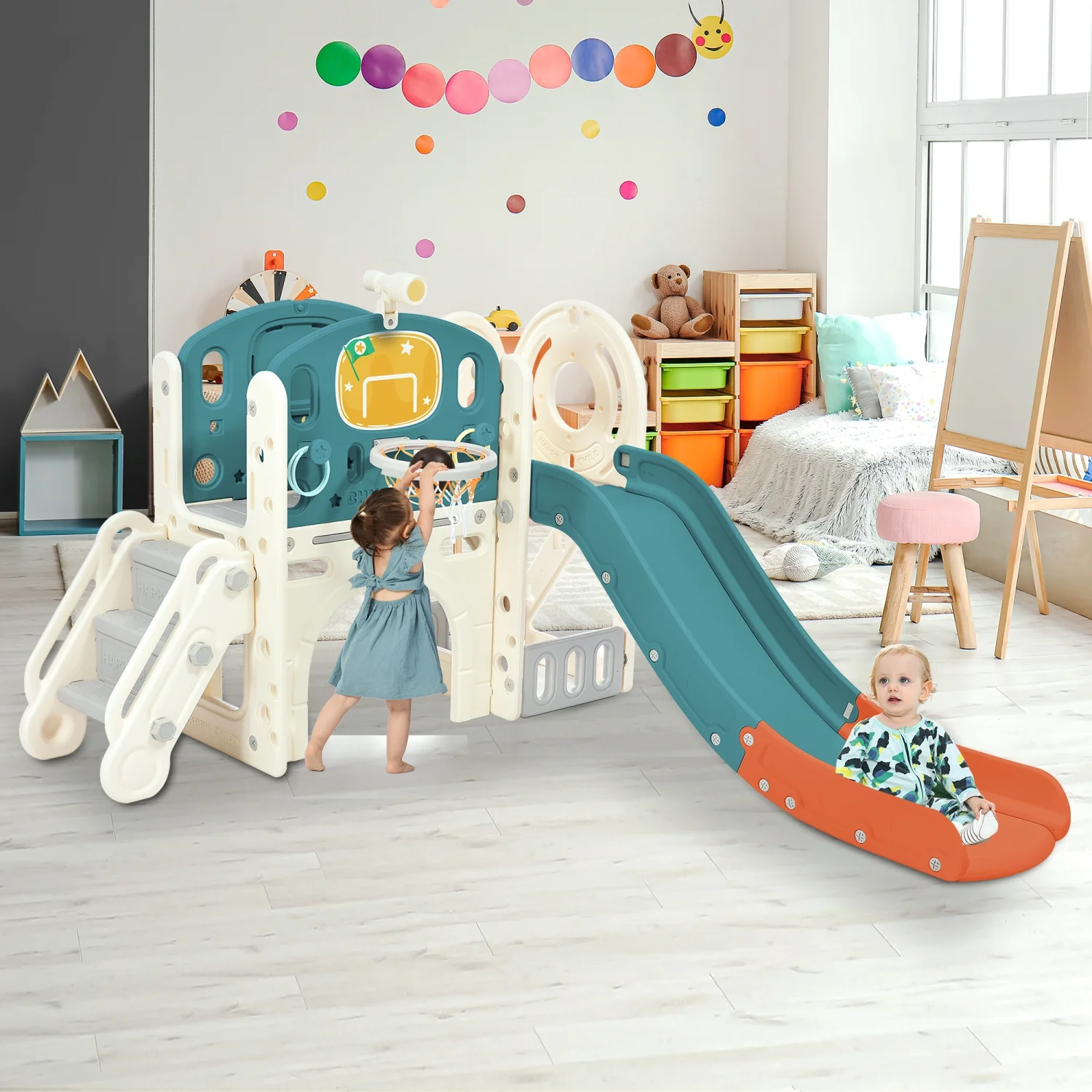 Kids Slide Playset Structure  Freestanding Castle Climbing Crawling Playhouse with Slide  Arch Tunnel  Ring Toss  and Basketball Hoop  Toy Storage Organizer for Toddlers  Kids Climbers Pl