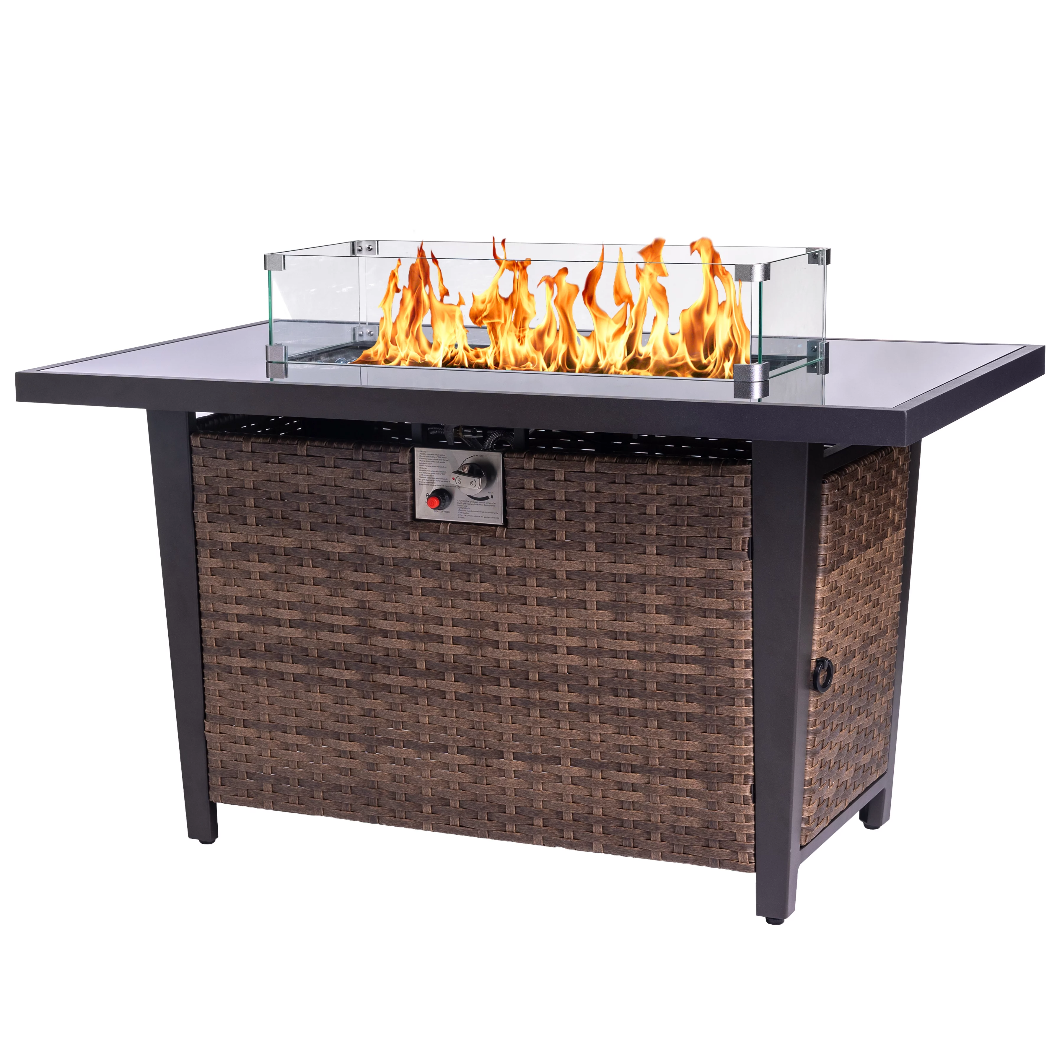 Three Donkeys Propane Rattan Fire Pit Table 60,000 BTU Retangular Outdoor Gas Fire Pits with Lava Rocks for Heat Resistance Tabletop Garden Backyard Deck Patio Camping Party