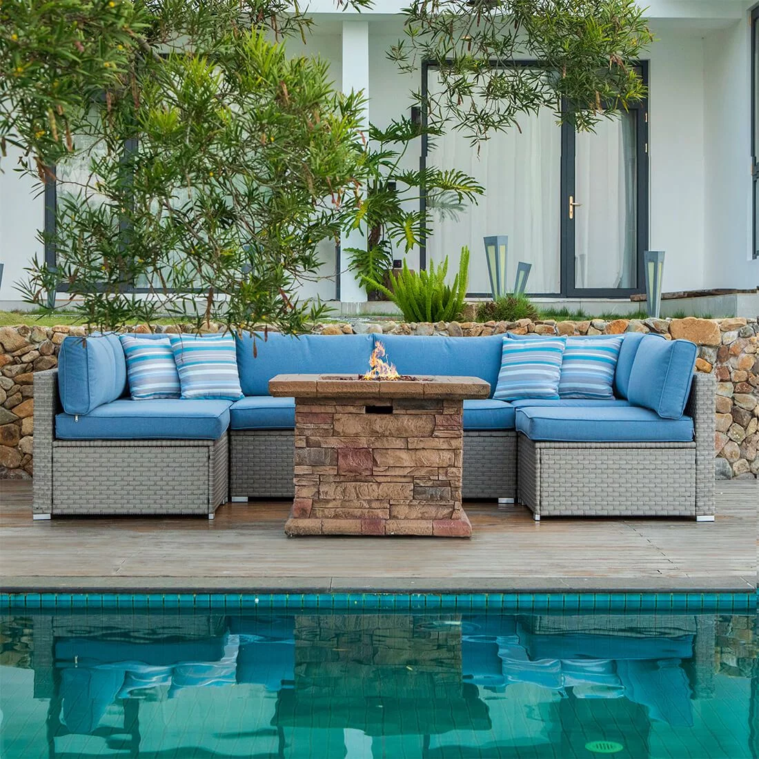 COSIEST 7 Piece 6-Seaters Fire Pit Outdoor Furniture Set Wicker Gray Sectional Sofas