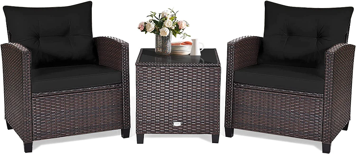 KOTEK 3 Piece Patio Furniture Set, Outdoor Conversation Set with Washable Cushions & Tempered Glass Tabletop, PE Rattan Wicker Bistro Set for Porch, Garden, Balcony (Black)