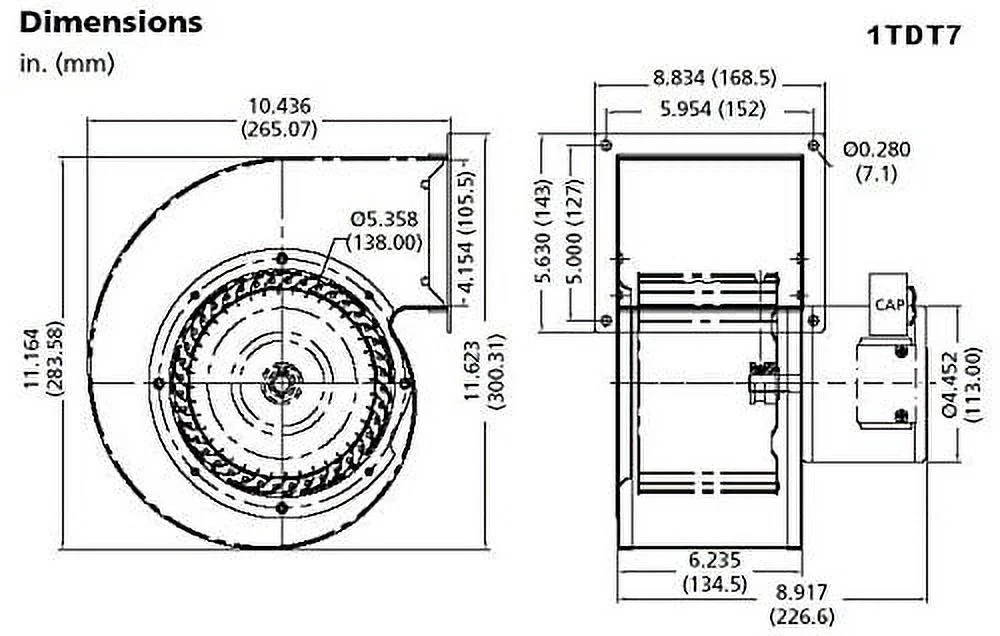 1TDT7 Blower, 542/409 CFM, 115V, 2.00/1.54 Amp