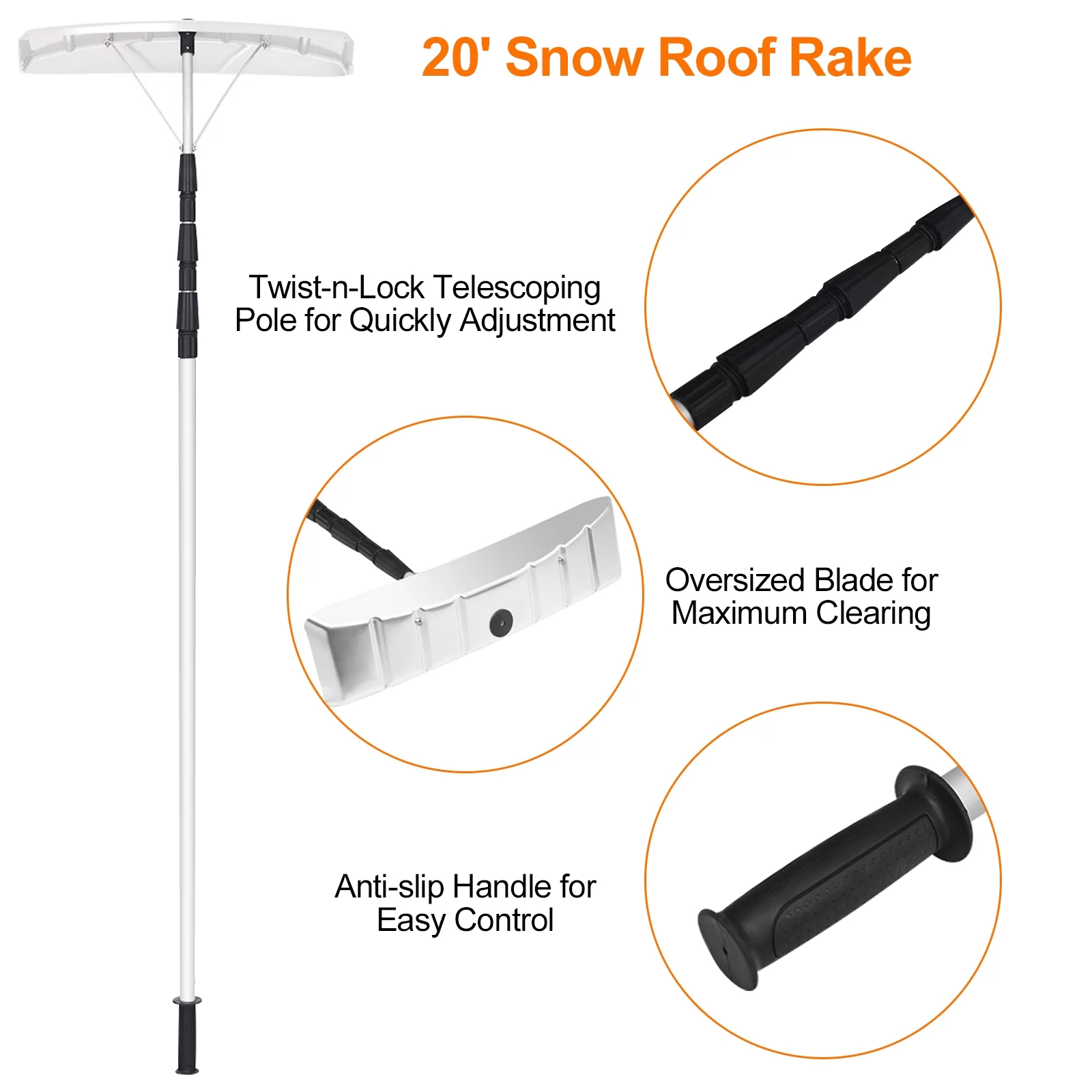 Topbuy 21 FT Roof Snow Removal Rake Extendable Blade & Non-Slip Handle