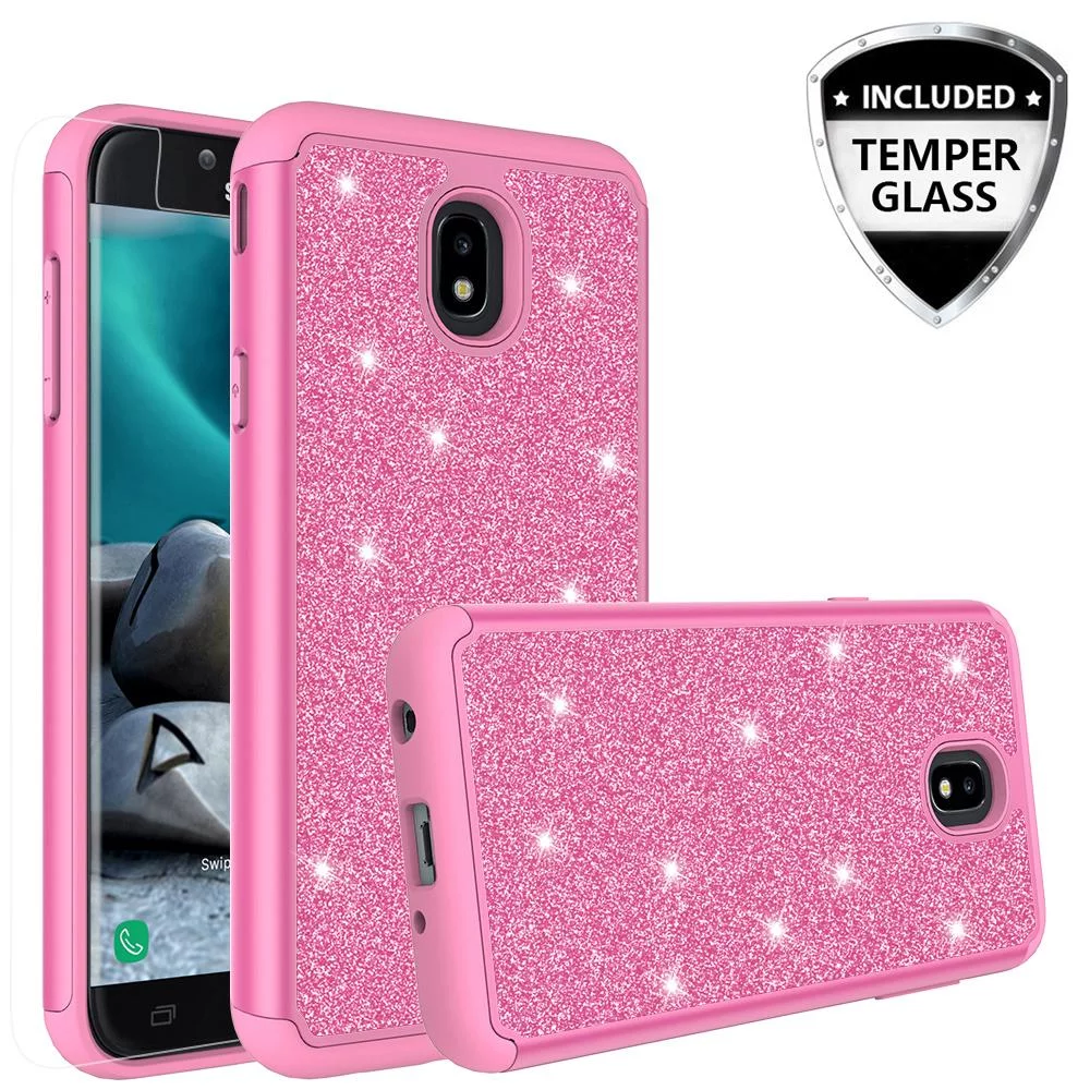 For Tracfone/StraightTalk Samsung Galaxy J3 Orbit (S367VL) Case w/[Tempered Glass Screen Protector] Glitter Sparkle Shiny Bling Shock Proof Dual Layer Case Cover - Hot Pink